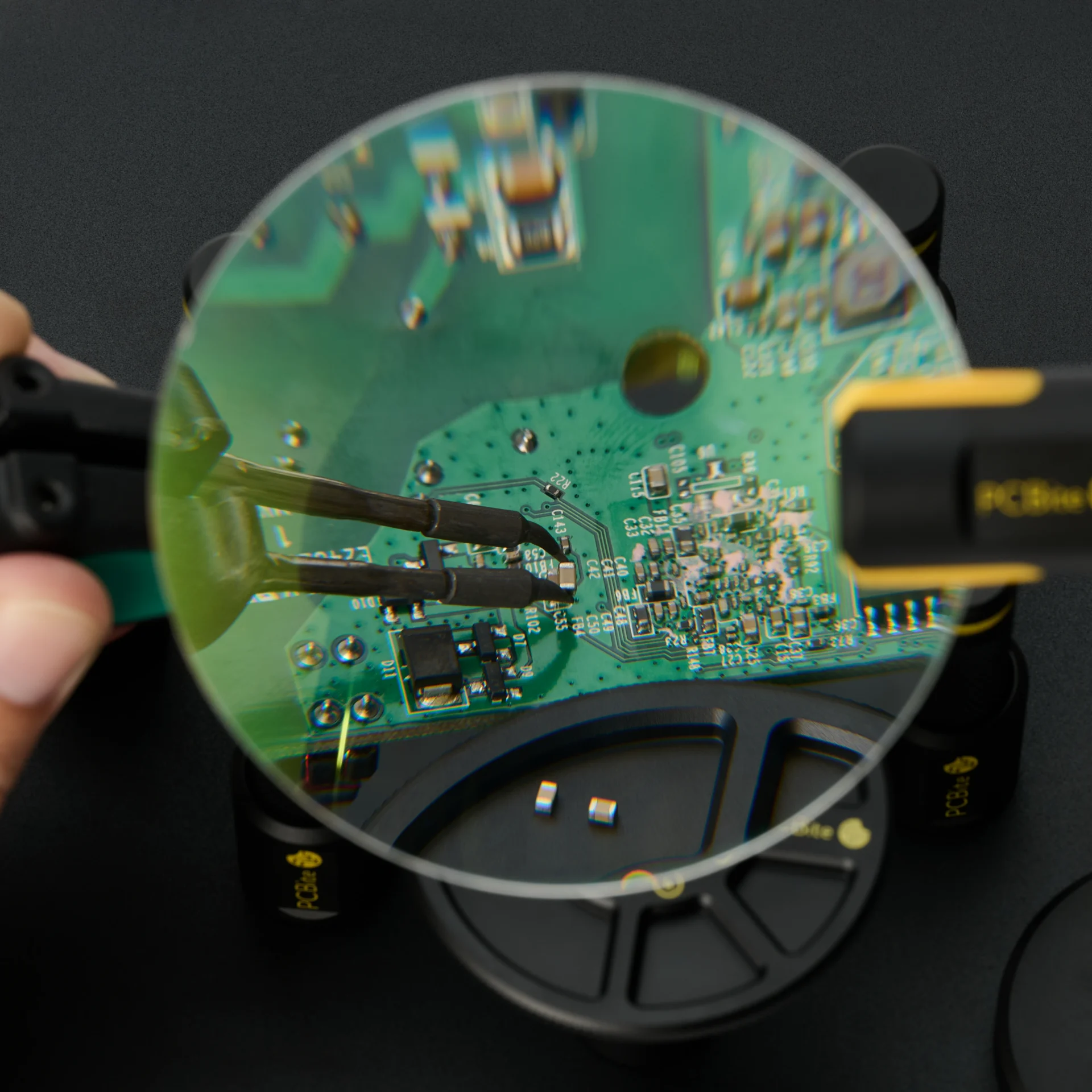 PCB in sharp focus through the PCBite magnifier while tweezers place an SMD part, with the component tray below.