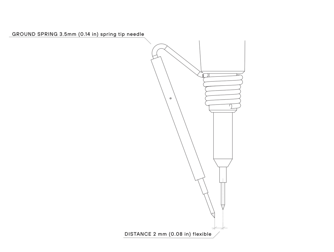 Dimensions of SQ100 - 100 MHz handsfree oscilloscope probe: SQXX0 ground spring tip needle
