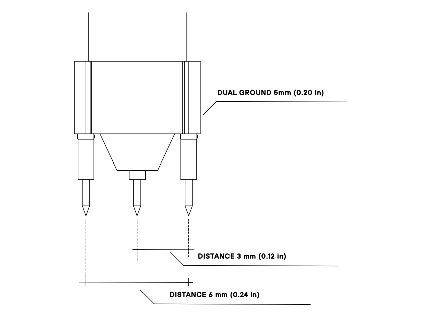 Dual ground 5 mm needle geometry: 3 mm (0.12 in) from signal to ground needle and 6 mm (0.24 in) between the ground needles.