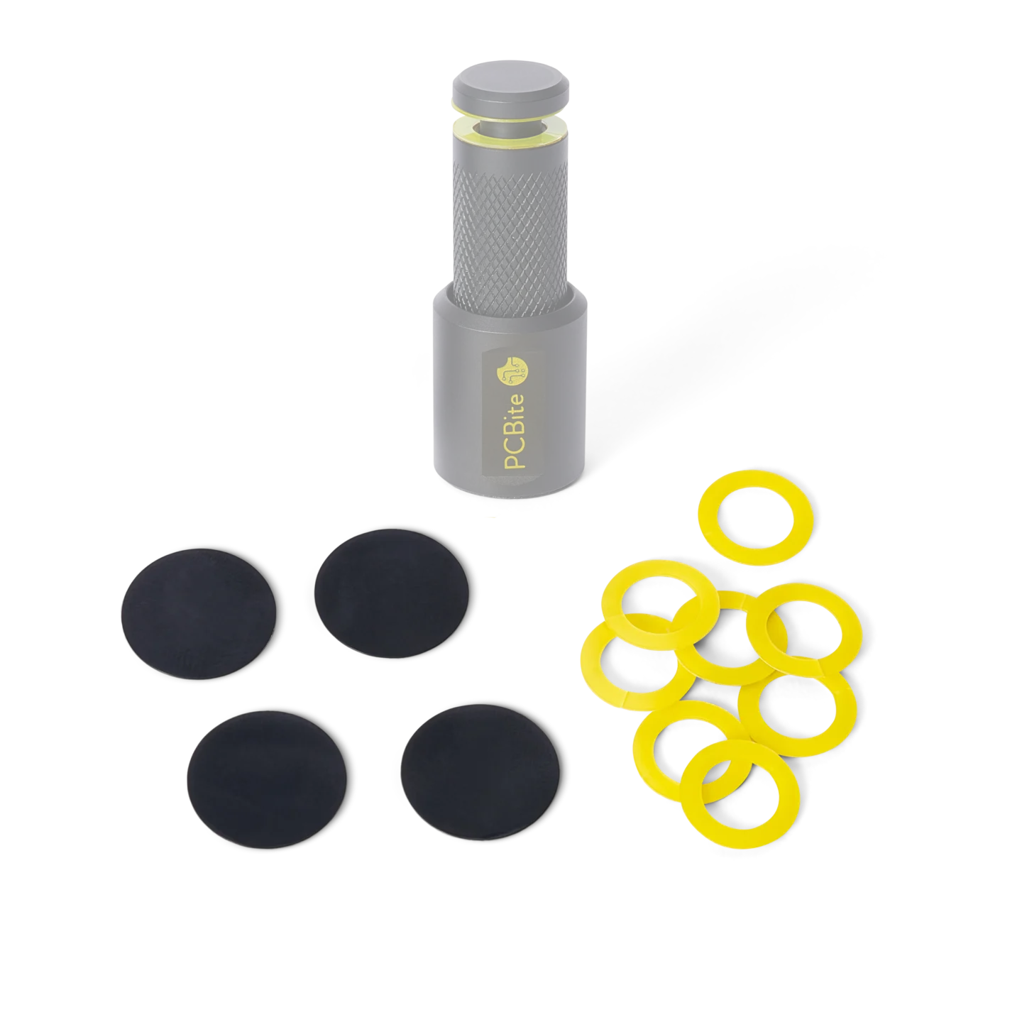 Replacement black bottom caps fitting both PCB and probe holders includes yellow PCB insulation washers (PCBITE-4004)