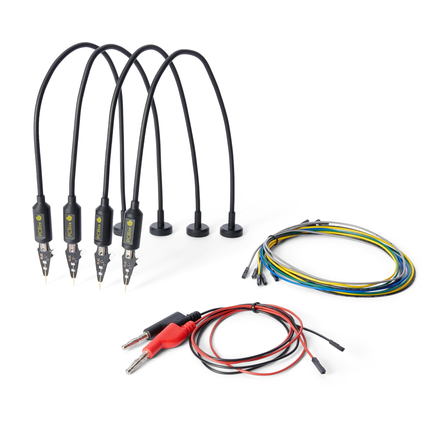 Set of four handsfree SP10 probes with spring-loaded tips plus test wires for PCB probing (PCBITE-4005)