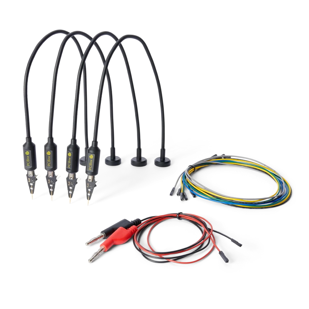 Set of four handsfree SP10 probes with spring-loaded tips plus test wires for PCB probing (PCBITE-4005)