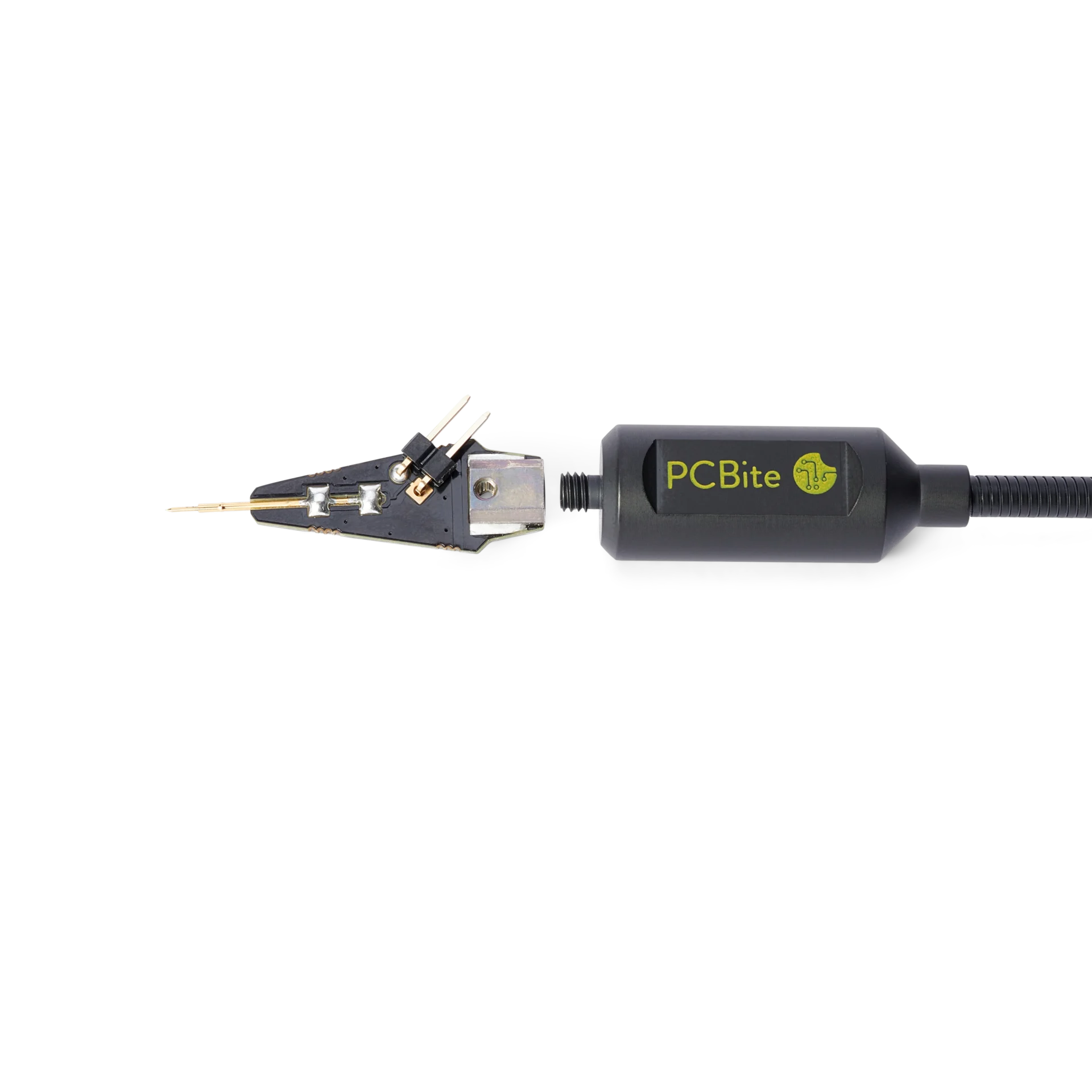 Closeup of SP10 probe showing threaded interface, spring-loaded test needle and dual pinheader for cable connection (PCBITE-4005)