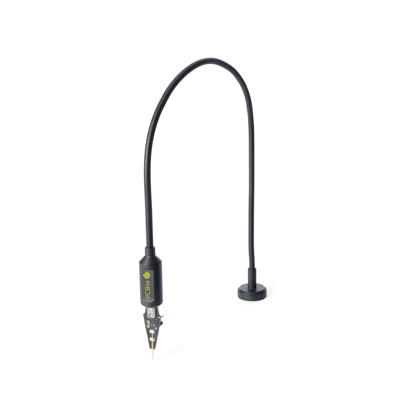 Single SP10 probe with flexible gooseneck arm and spring-loaded needle tip for hands-free PCB testing (PCBITE-4005)