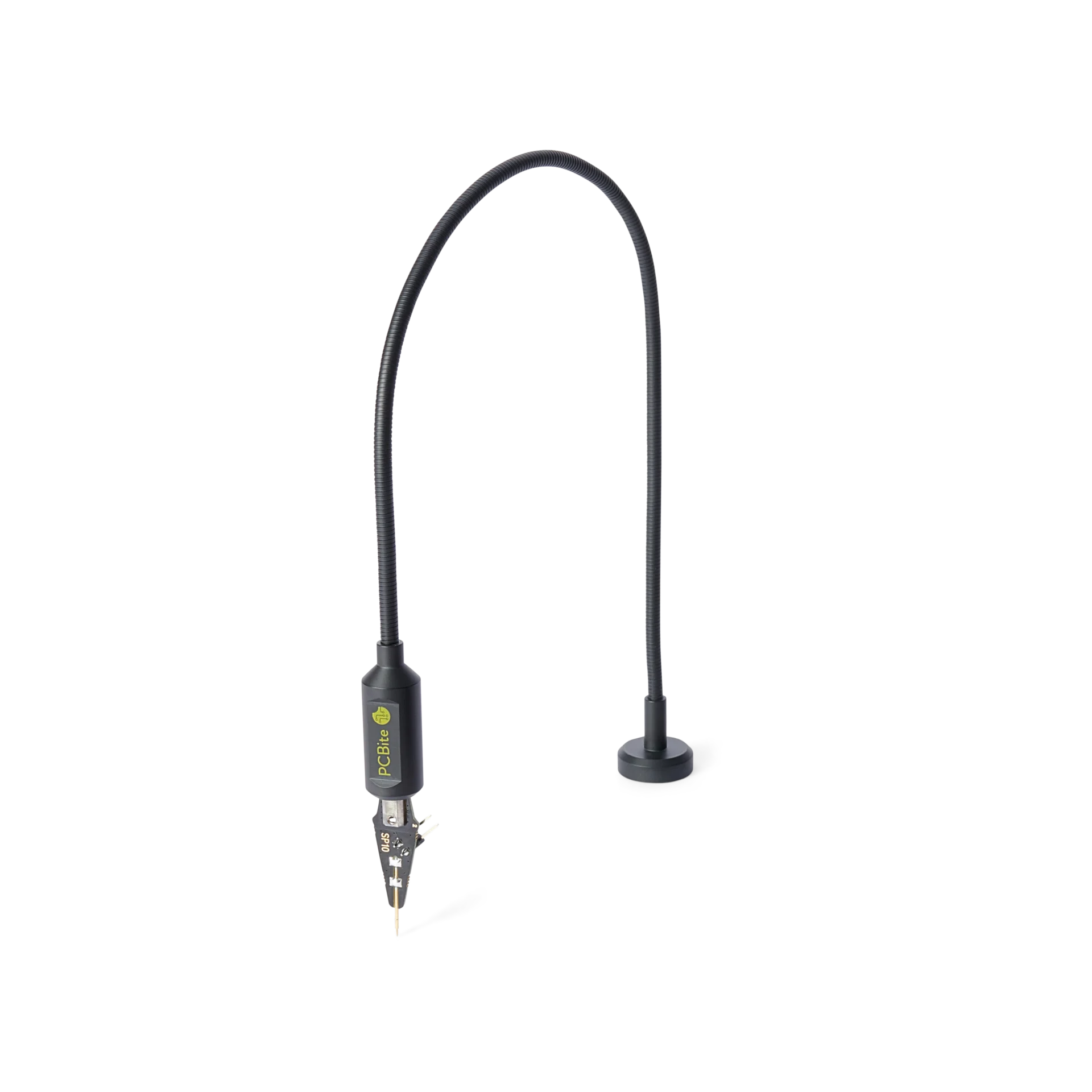 Single SP10 probe with flexible gooseneck arm and spring-loaded needle tip for hands-free PCB testing (PCBITE-4005)
