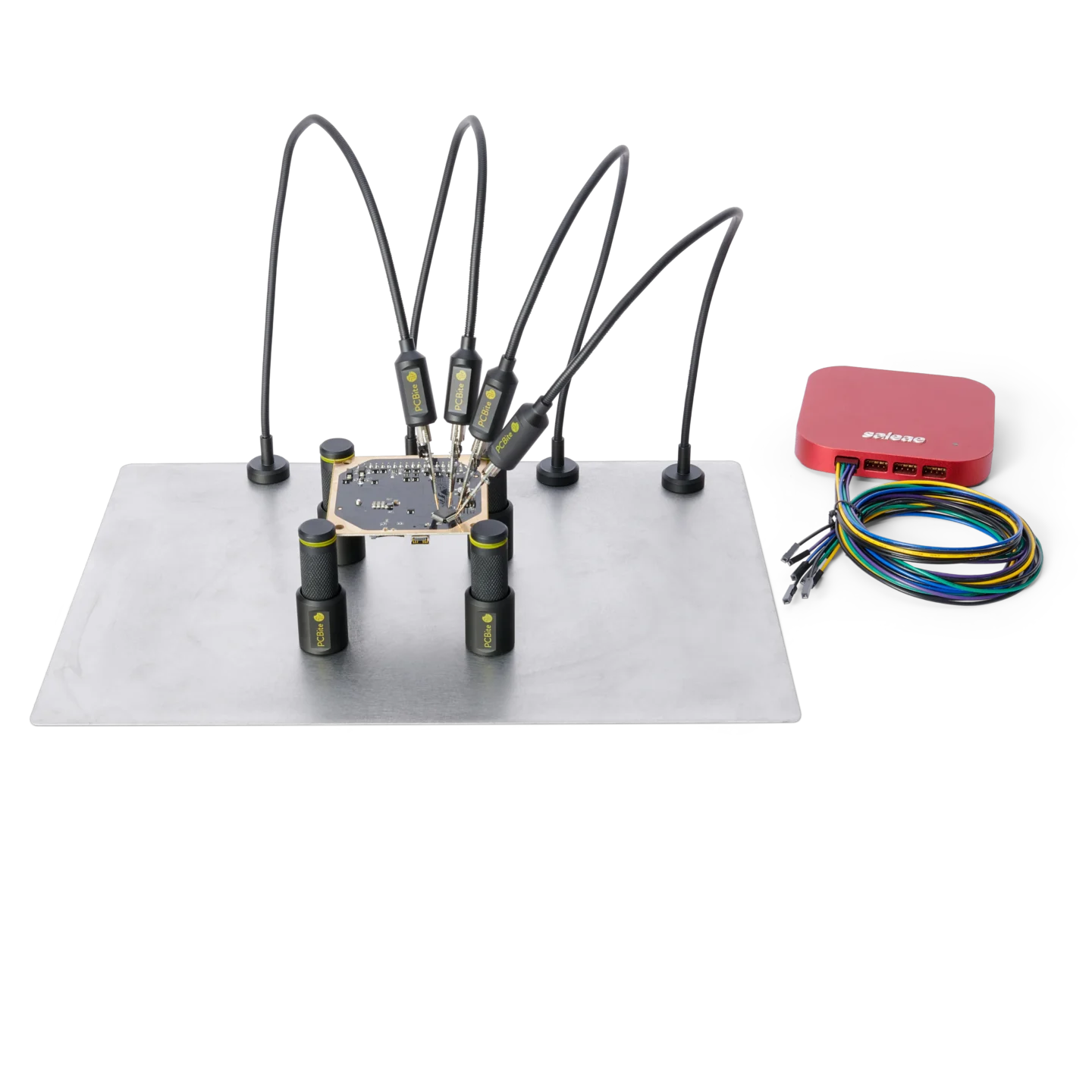 Complete debug test setup with Saleae logic analyzer and PCB and handsfree probe holders (PCBITE-4008)