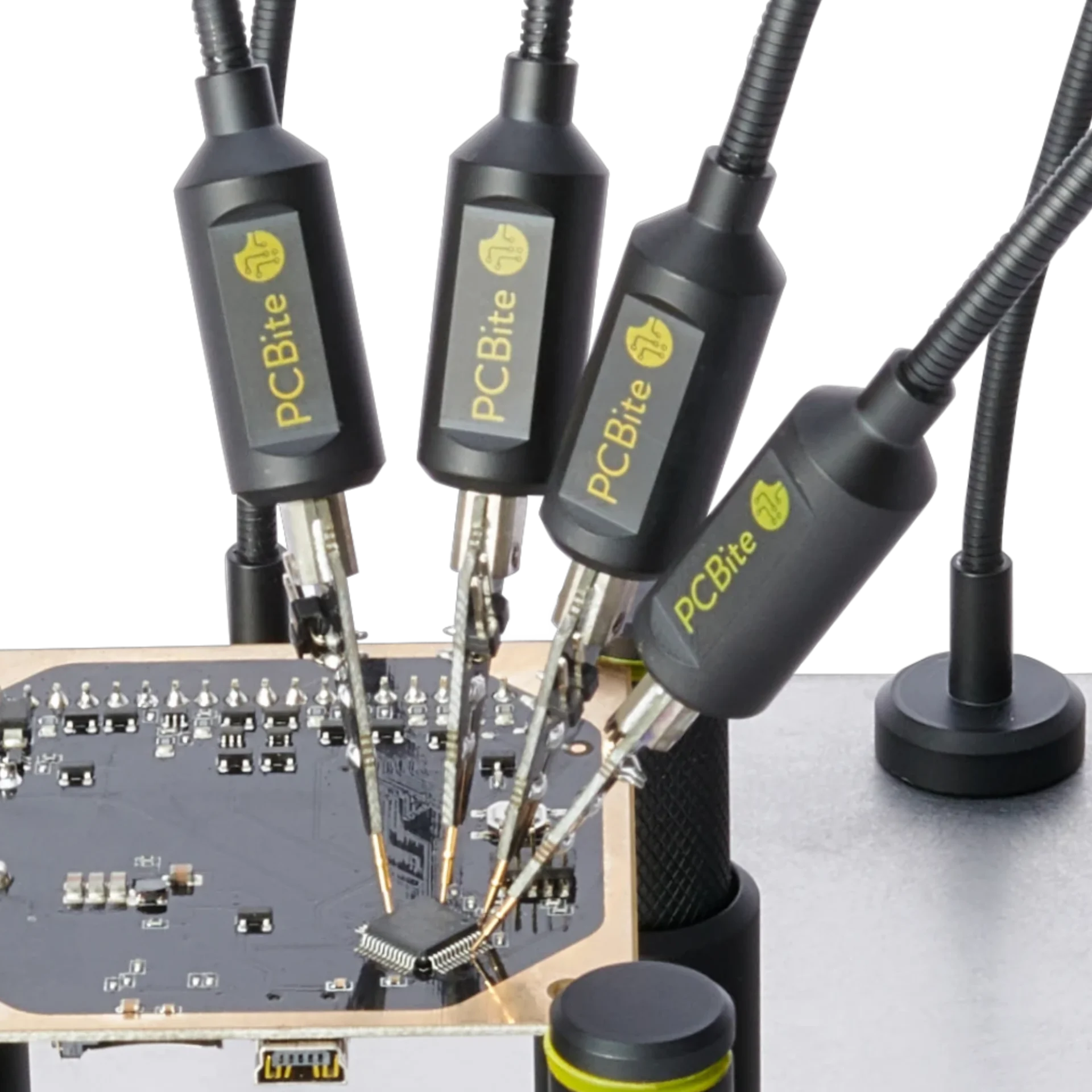 Complete debug test setup with Saleae logic analyzer and PCB and handsfree probe holders