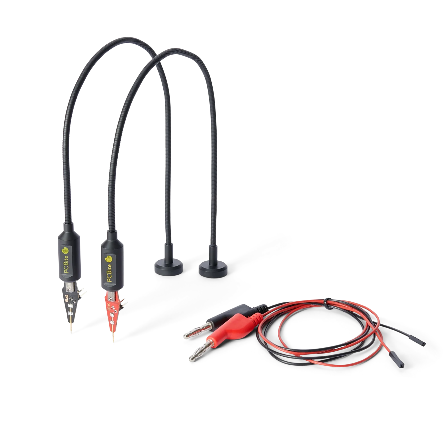Two SP10 red/black handsfree DMM probes with gooseneck arms and banana test cables (PCBITE-4011)