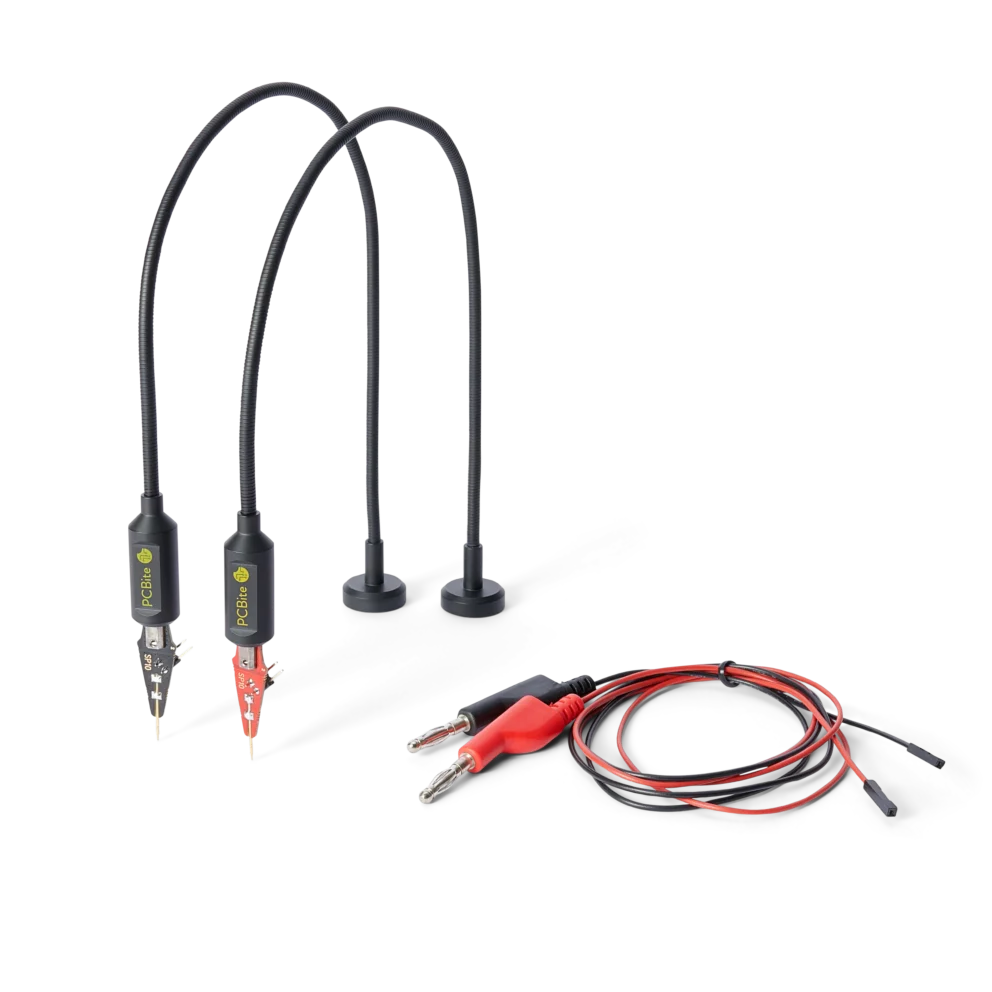 Two SP10 red/black handsfree DMM probes with gooseneck arms and banana test cables (PCBITE-4011)