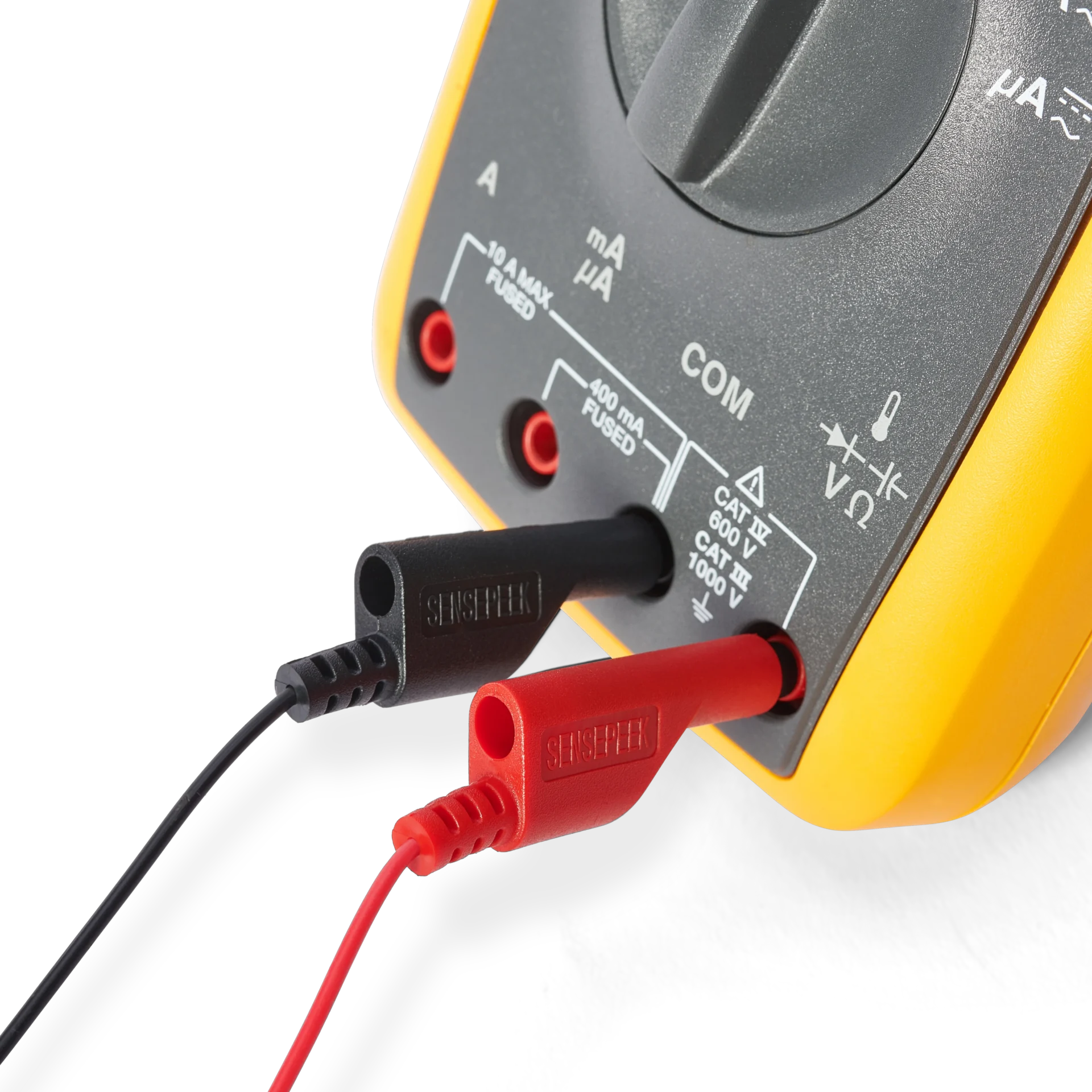 SP10, Red and black banana plug test leads connected to multimeter probing terminals (PCBITE-4011)