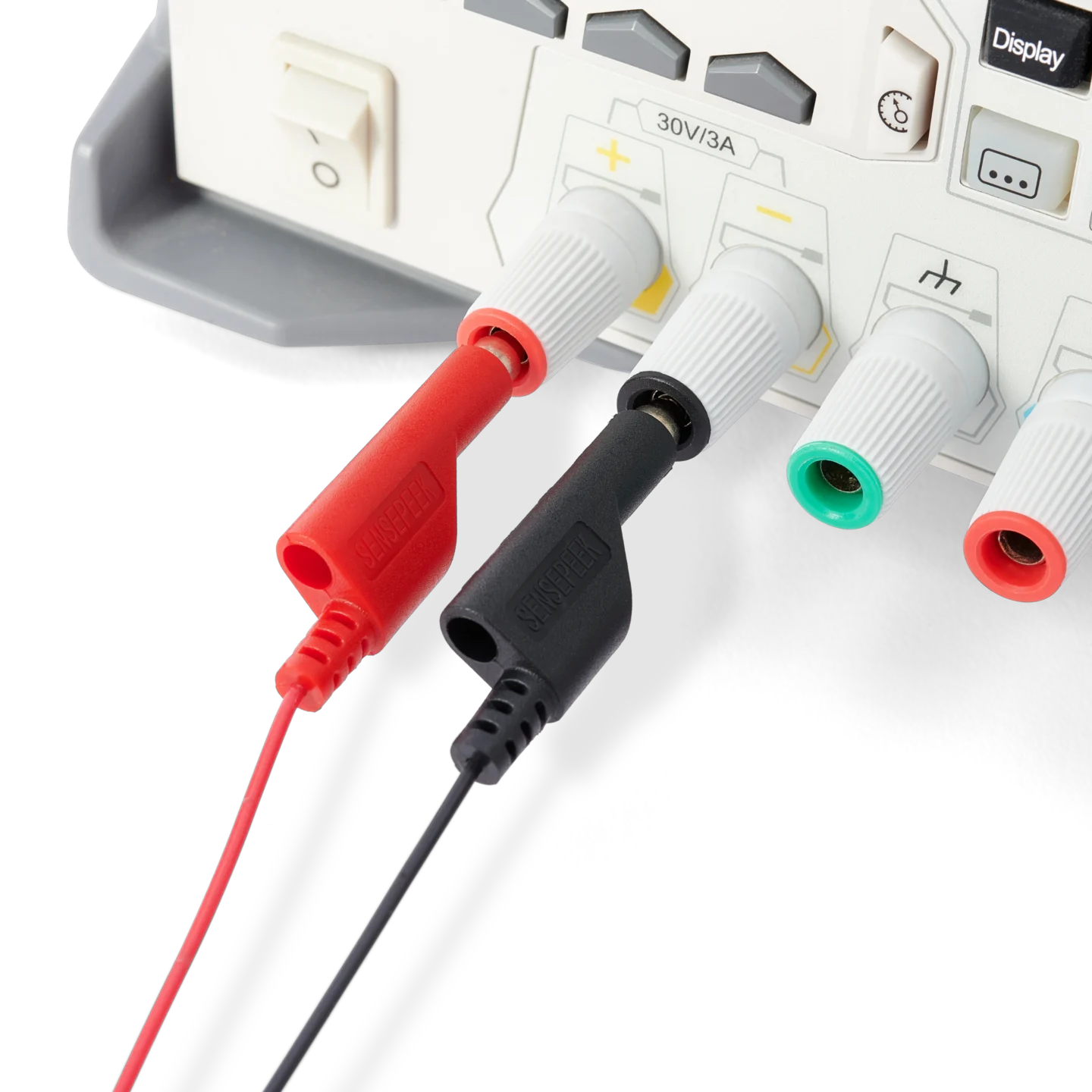 SP10, Red and black banana plug test leads connected to power supply (PCBITE-4011)