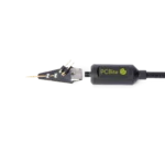 Closeup of SP10 probe showing threaded interface, spring-loaded test needle and dual pinheader for cable connection (PCBITE-4011)