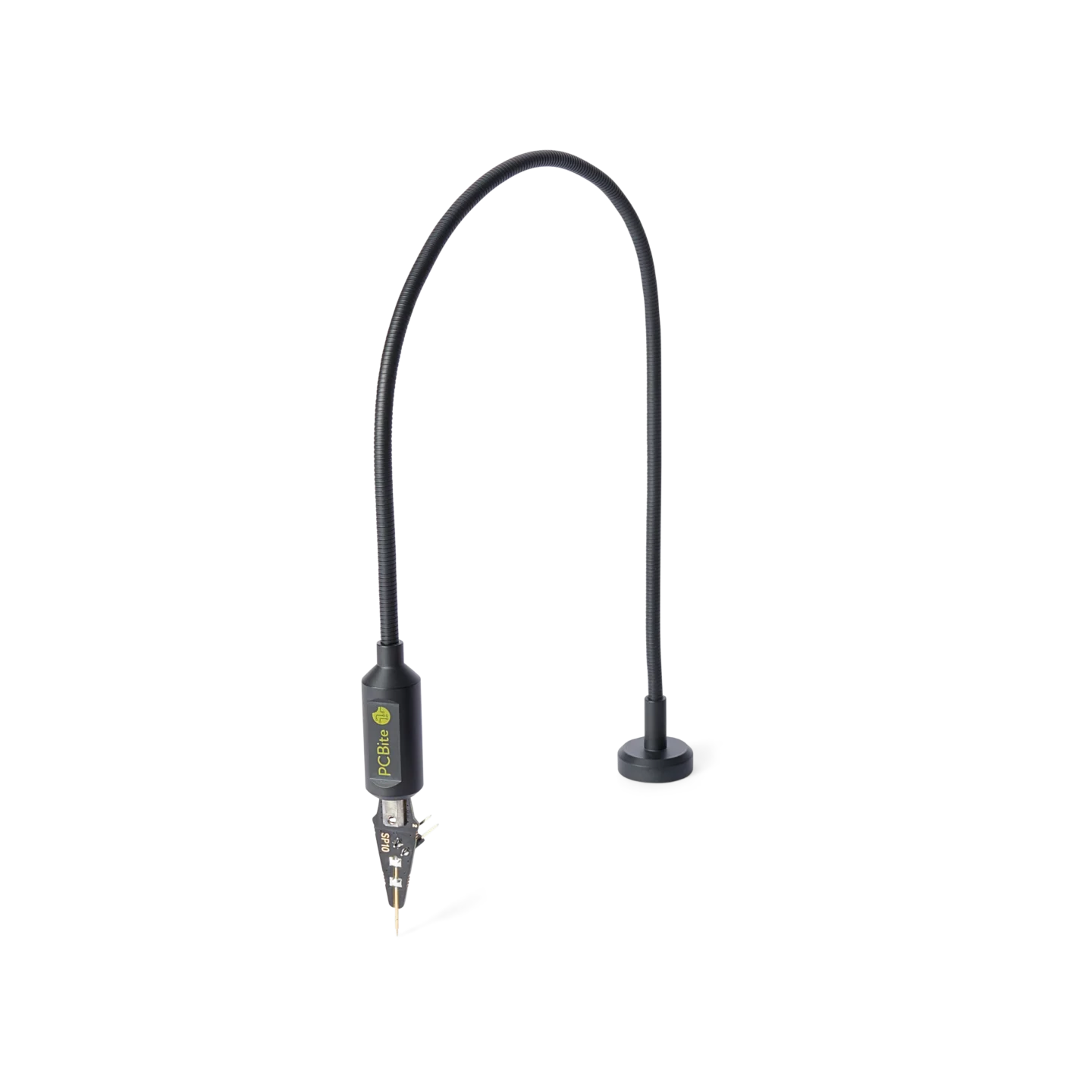 Single SP10 probe with flexible gooseneck arm and spring-loaded needle tip for hands-free PCB testing (PCBITE-4011)