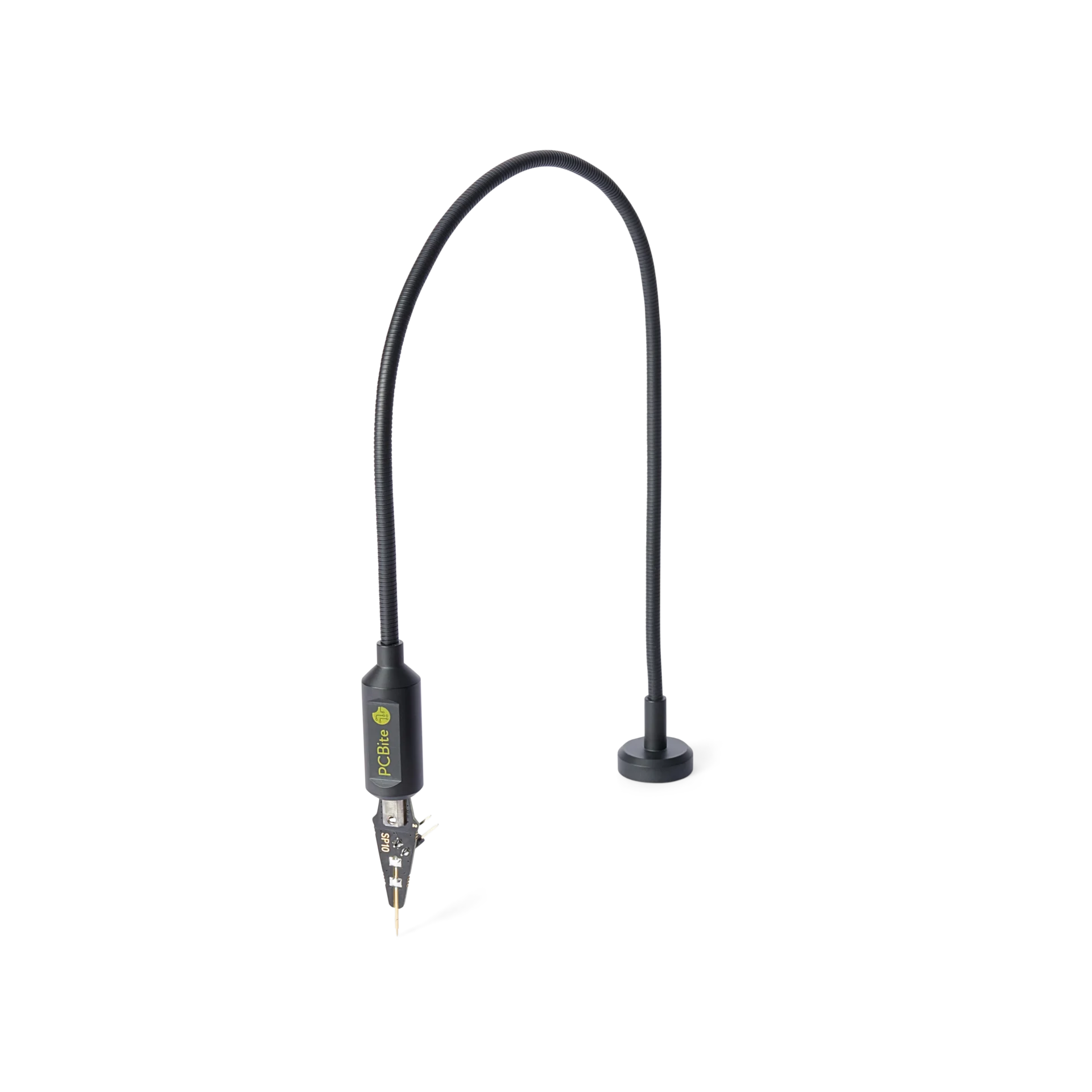 Single SP10 probe with flexible gooseneck arm and spring-loaded needle tip for hands-free PCB testing (PCBITE-4011)