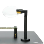 Magnifier with magnetic base stands secure on baseplate overlooking PCB held by PCB holders (PCBITE-4020)