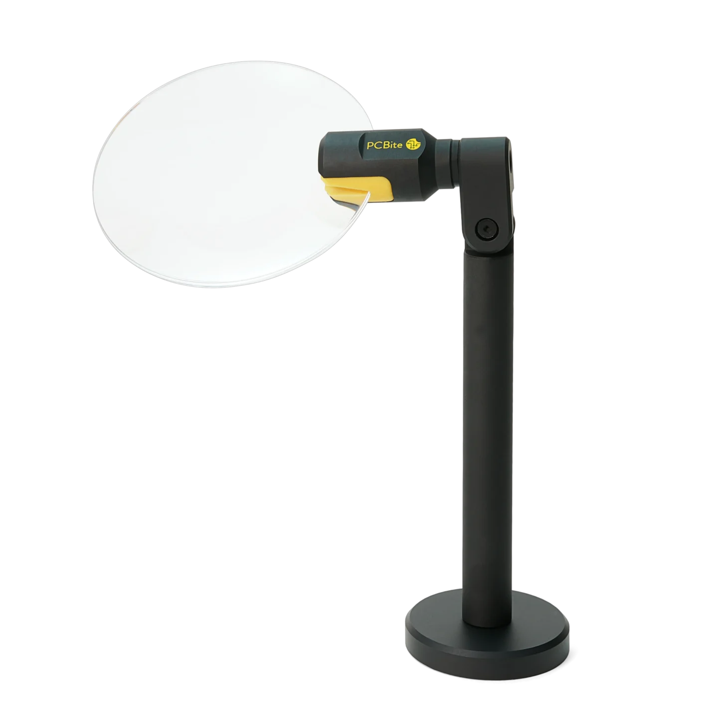 Magnifier with magnetic base and friction based adjustments, slightly rotated lens (PCBITE-4020)