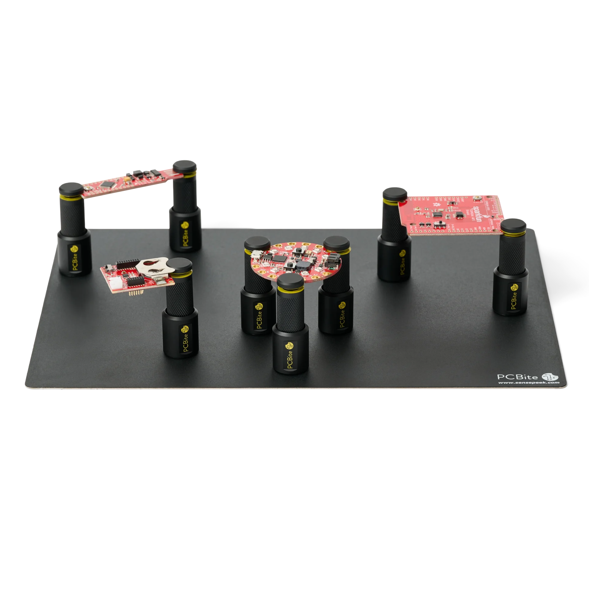 Eight magnetic spring-loaded PCB holders securing various sized boards on XL insulated baseplate (PCBITE-4021)