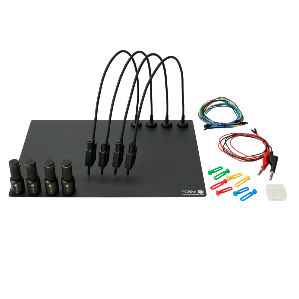 Complete kit with PCB holders, handsfree SQ10 probes, spring-loaded tips, test wires and cable holders (PCBITE-6003)
