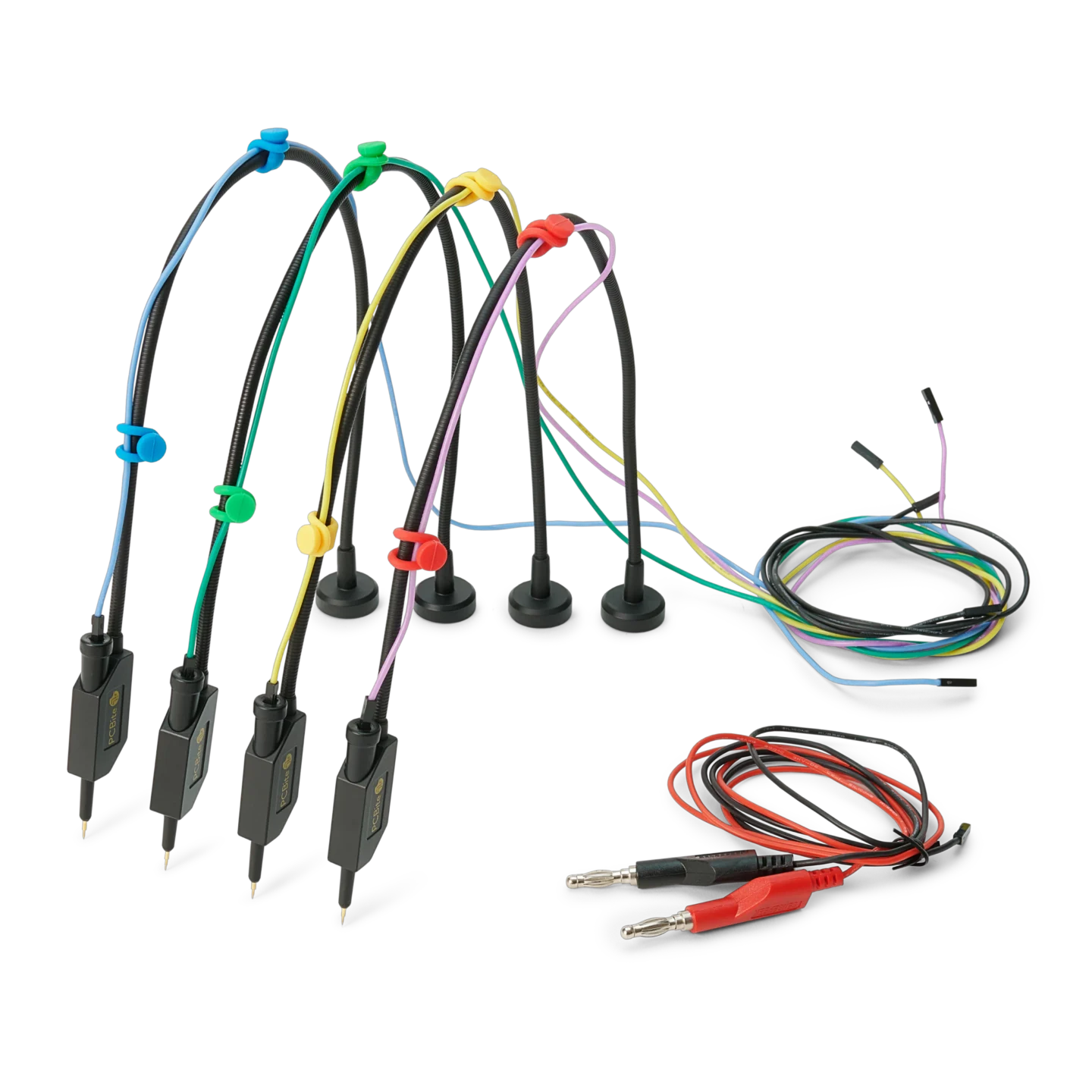Four handsfree SQ10 probes with connected testwires and colorcoded cable holders (PCBITE-6005)