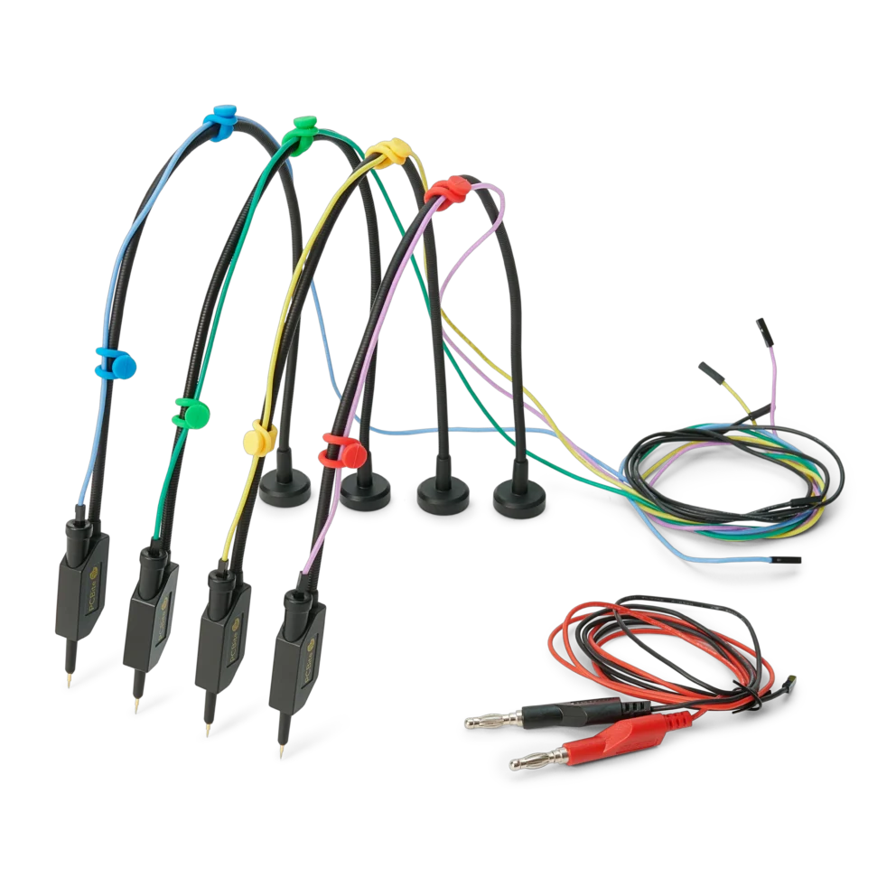Four handsfree SQ10 probes with connected testwires and colorcoded cable holders (PCBITE-6005)