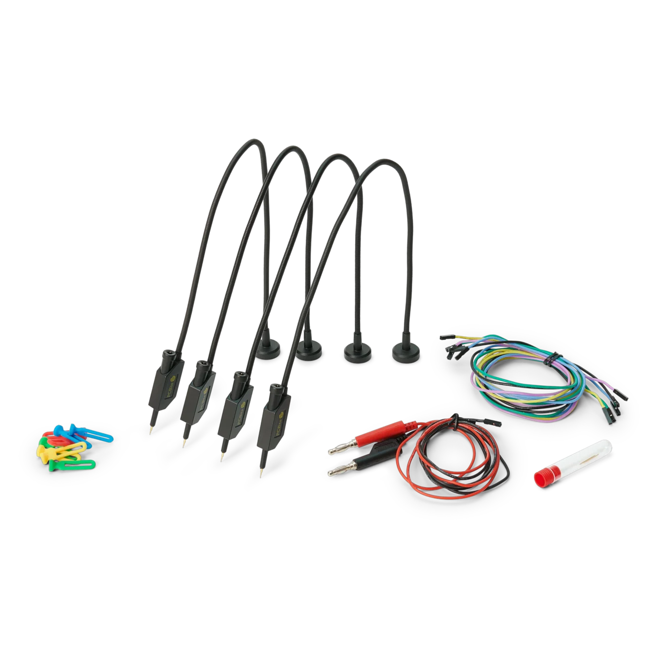 Set of four handsfree SQ10 probes with spring-loaded tips plus test wires and color-coded cable holders (PCBITE-6005)