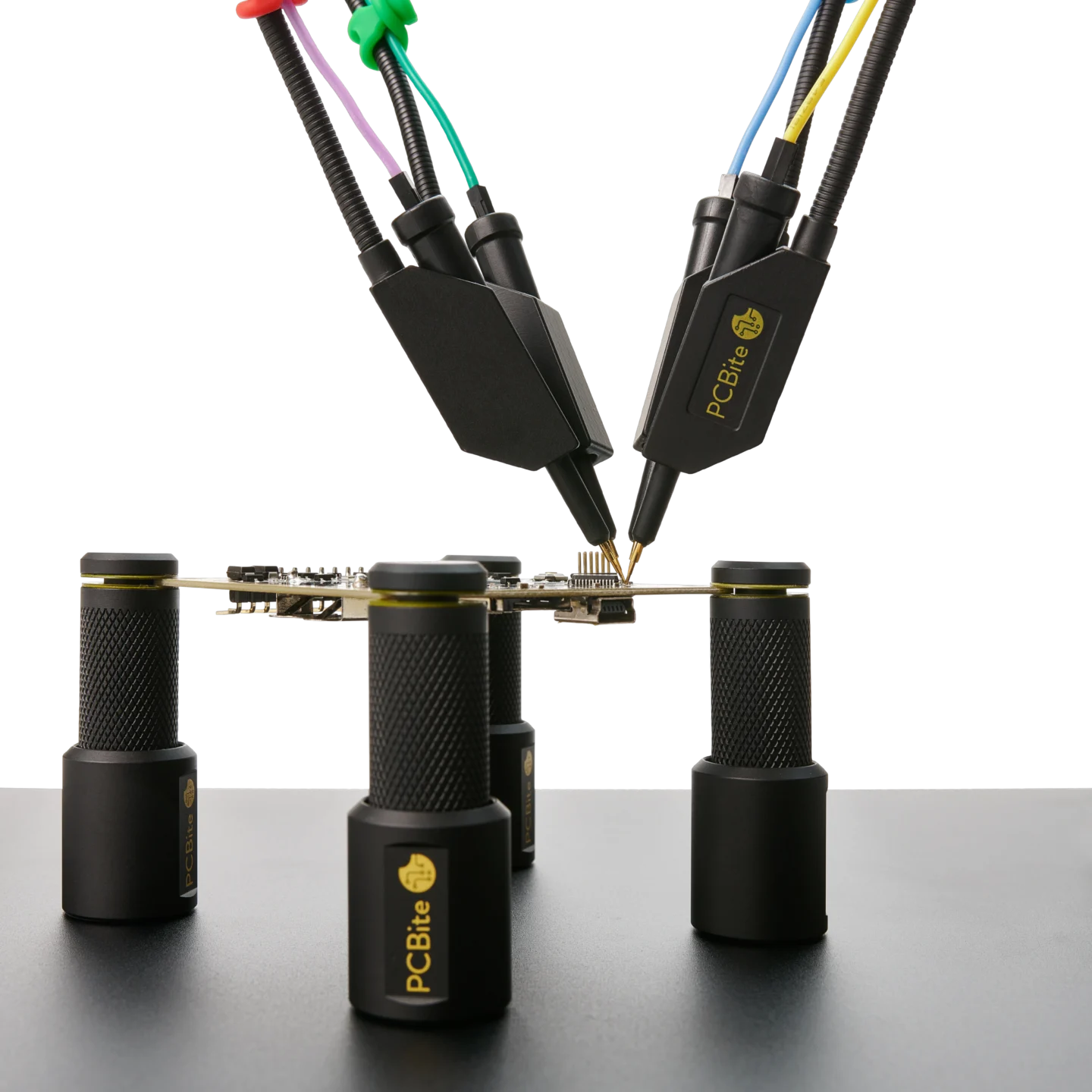 Four handsfree SQ10 probes measuring on PCB held by PCB holder side view (PCBITE-6005)