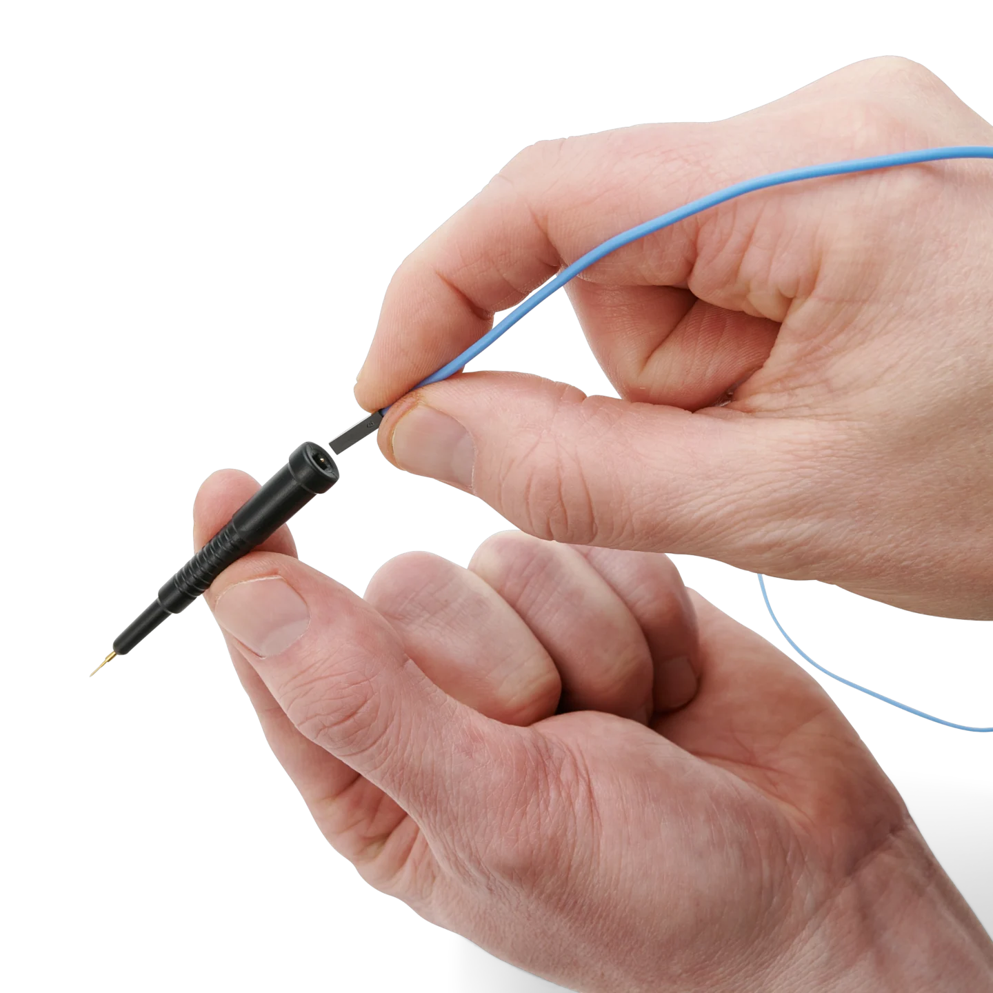 Hand showing how to connect a dupont test wire to the SQ10 probe (PCBITE-6005)
