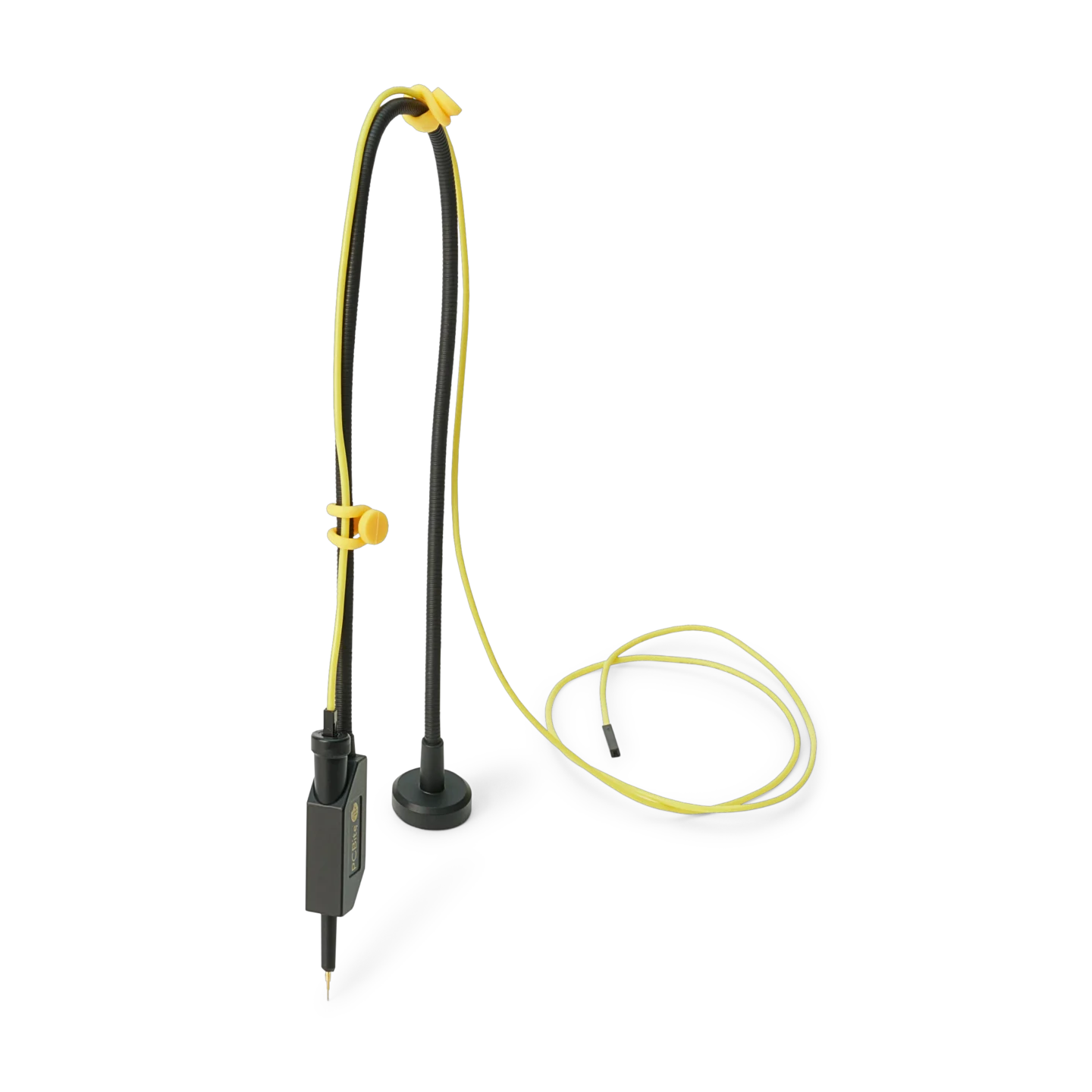Single handsfree SQ10 probe with yellow color-coded cable holders and connected dupont test wire (PCBITE-6005)