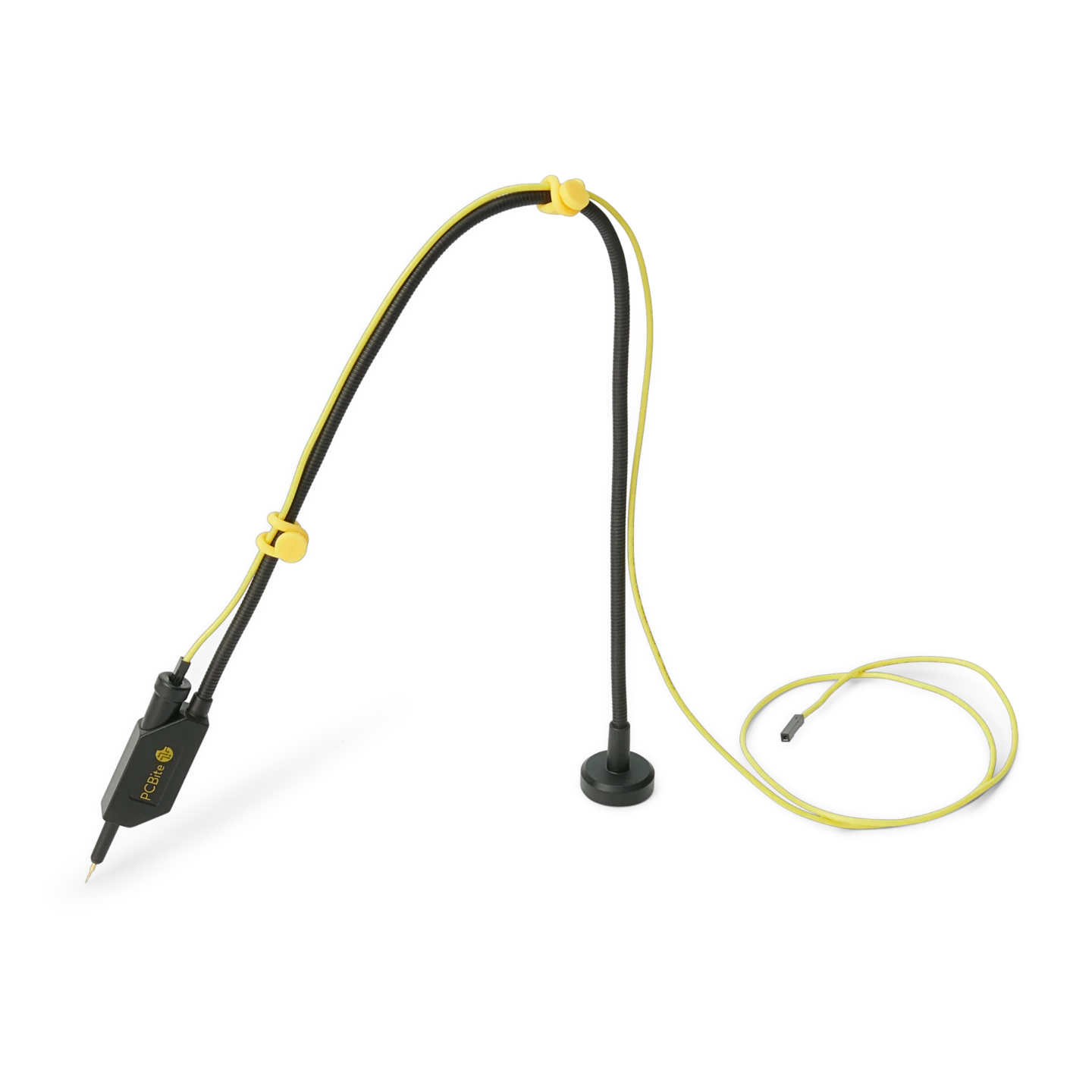 Single handsfree SQ10 probe with yellow color-coded cable holders and connected dupont test wire side view (PCBITE-6005)