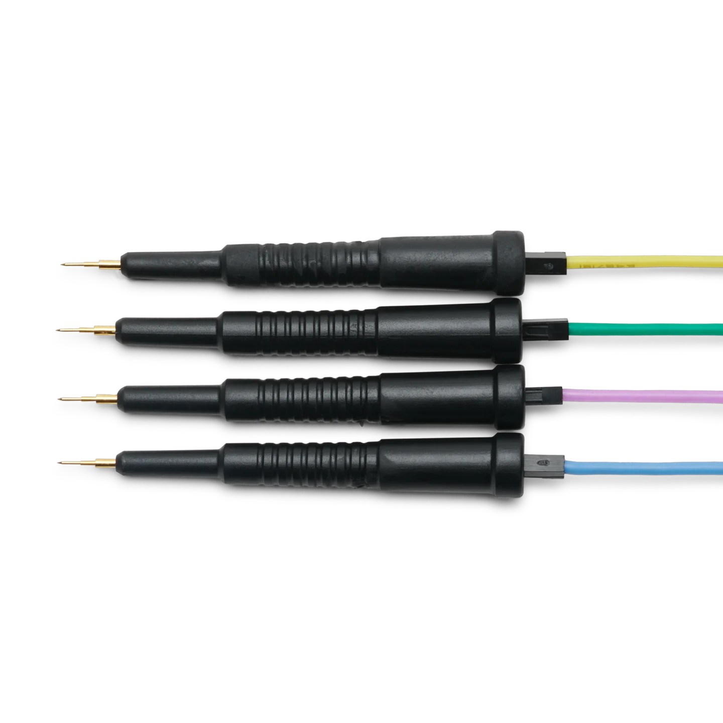 Four SQ10 probe heads with color-coded dupont test wires connected (PCBITE-6005)