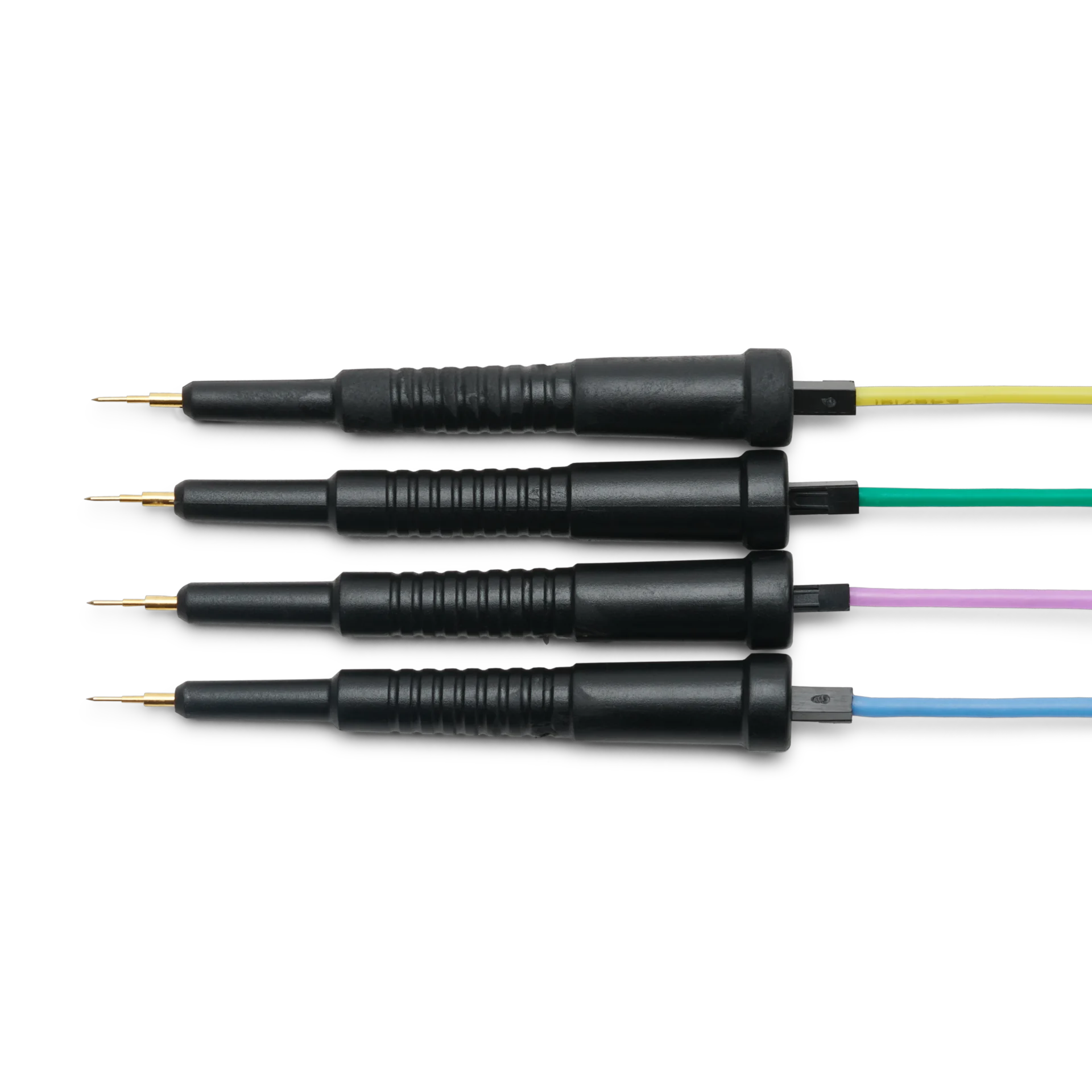 Four SQ10 probe heads with color-coded dupont test wires connected (PCBITE-6005)