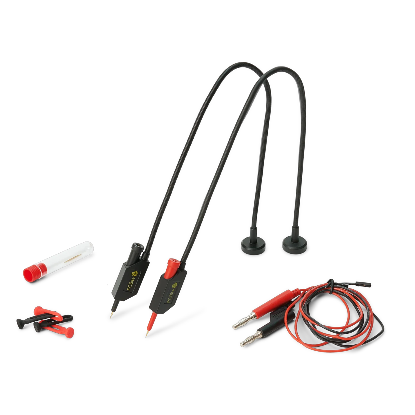 Set of two handsfree SQ10 probes with spring-loaded tips plus banana cables and color-coded cable holders (PCBITE-6011)