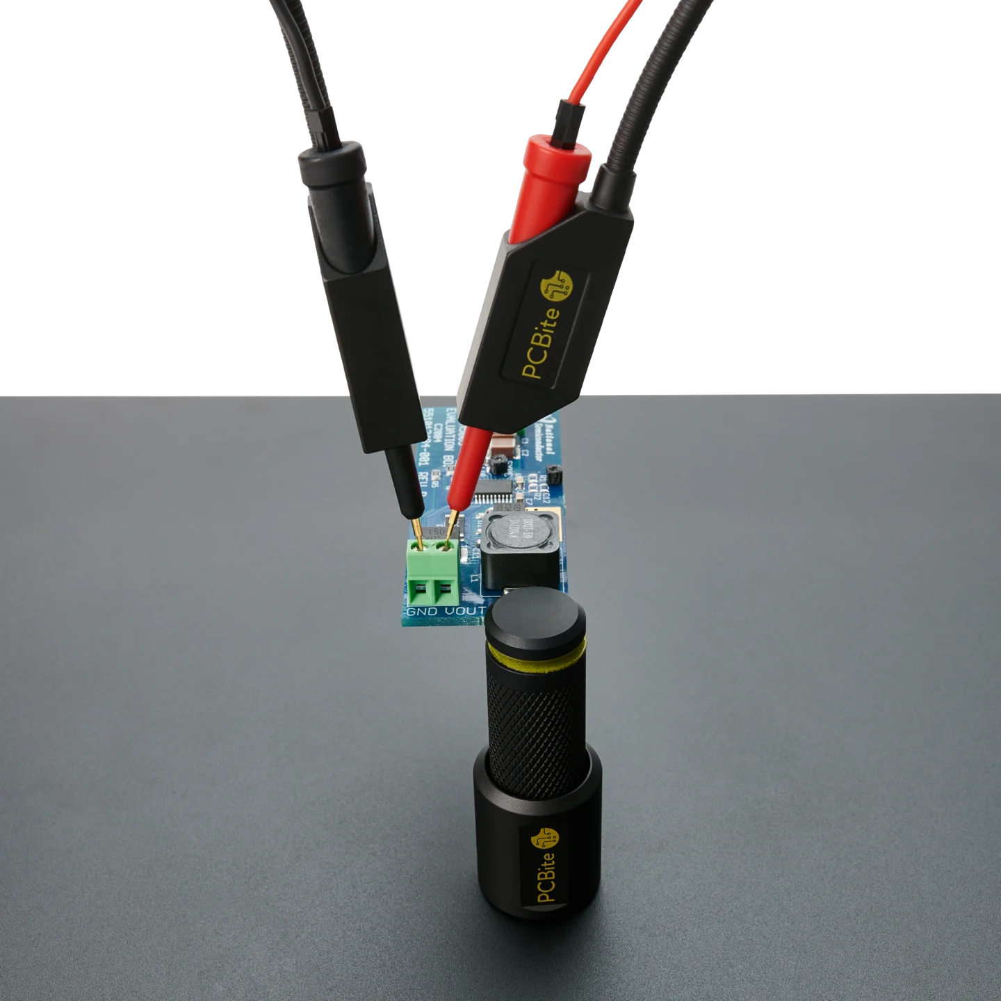 Handsfree measuring with two red/black SQ10 probes with spring-loaded tips on circuit board (PCBITE-6011)