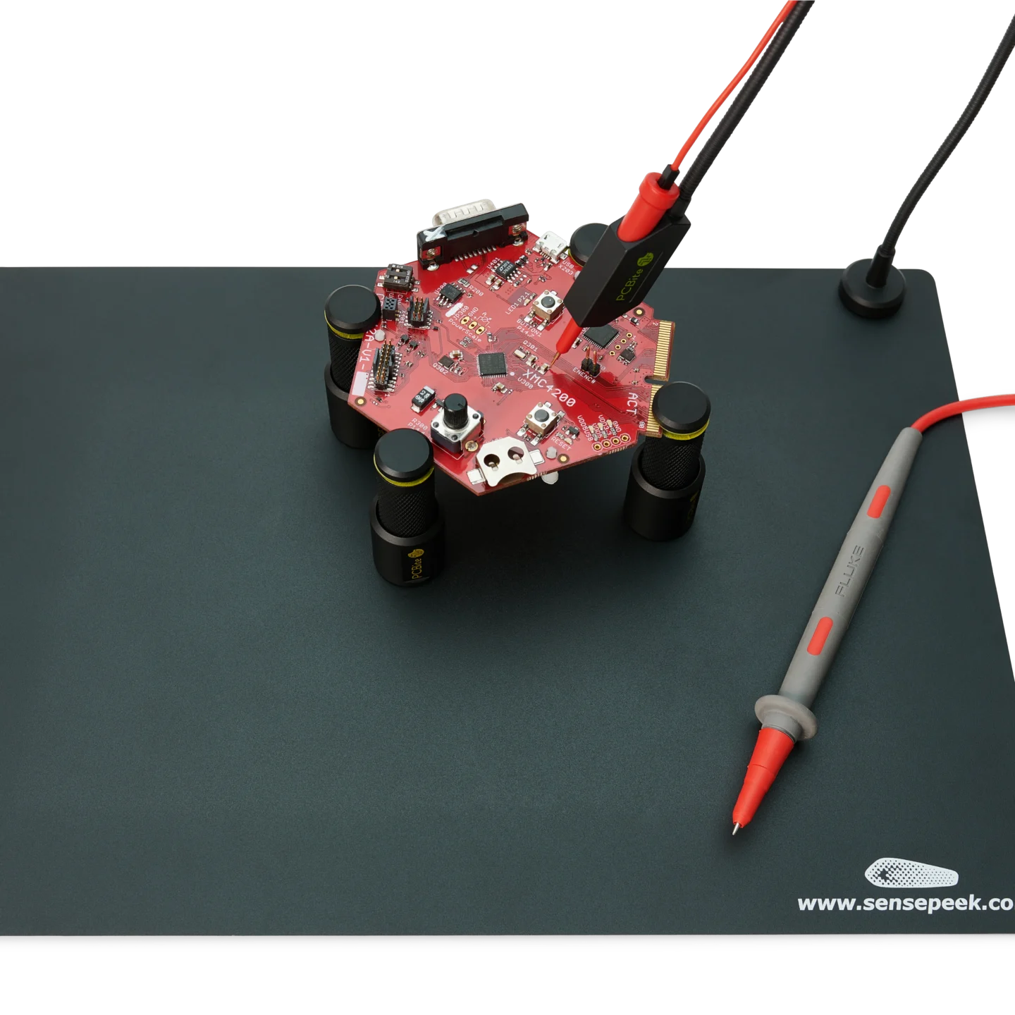 Handsfree SQ10 probe in action and a standard multimeter probe unused (PCBITE-6011)