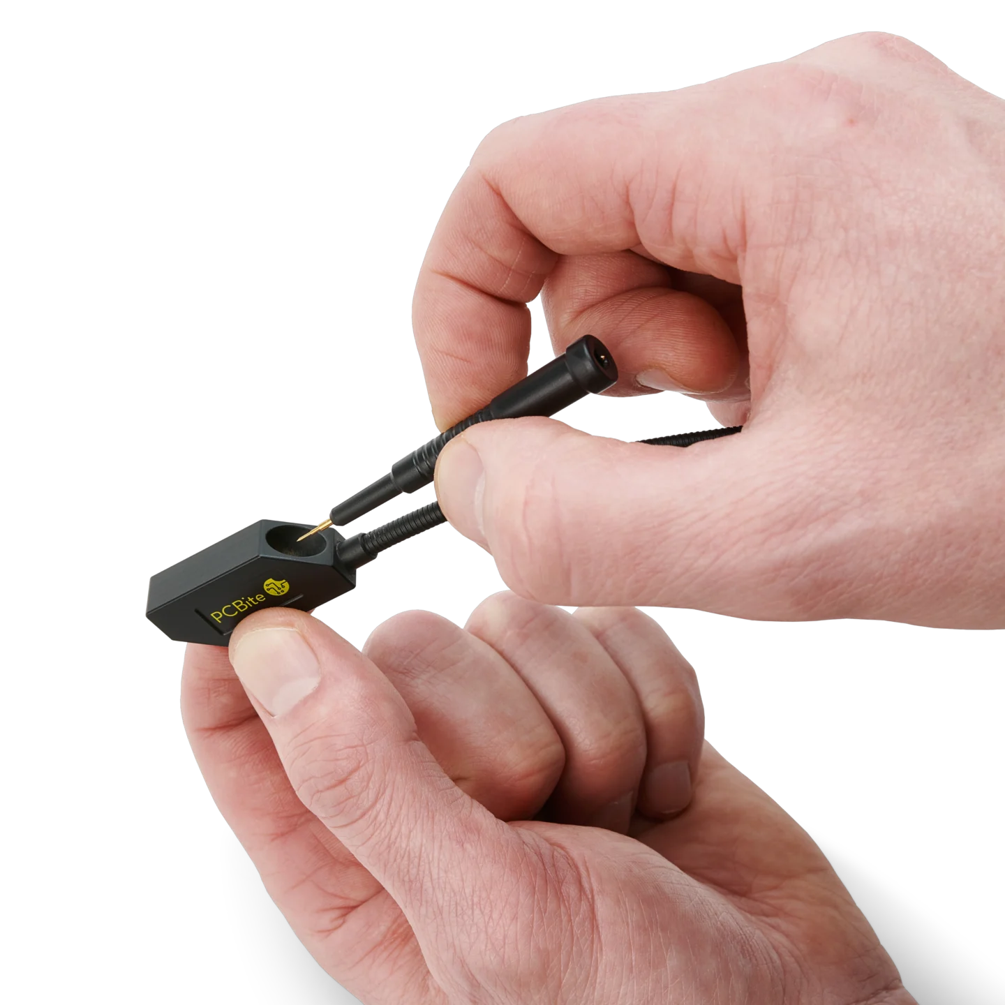 Hand showing how to mount the SQ10 probe in the SQ probe holder for handsfree measurements (PCBITE-6011)
