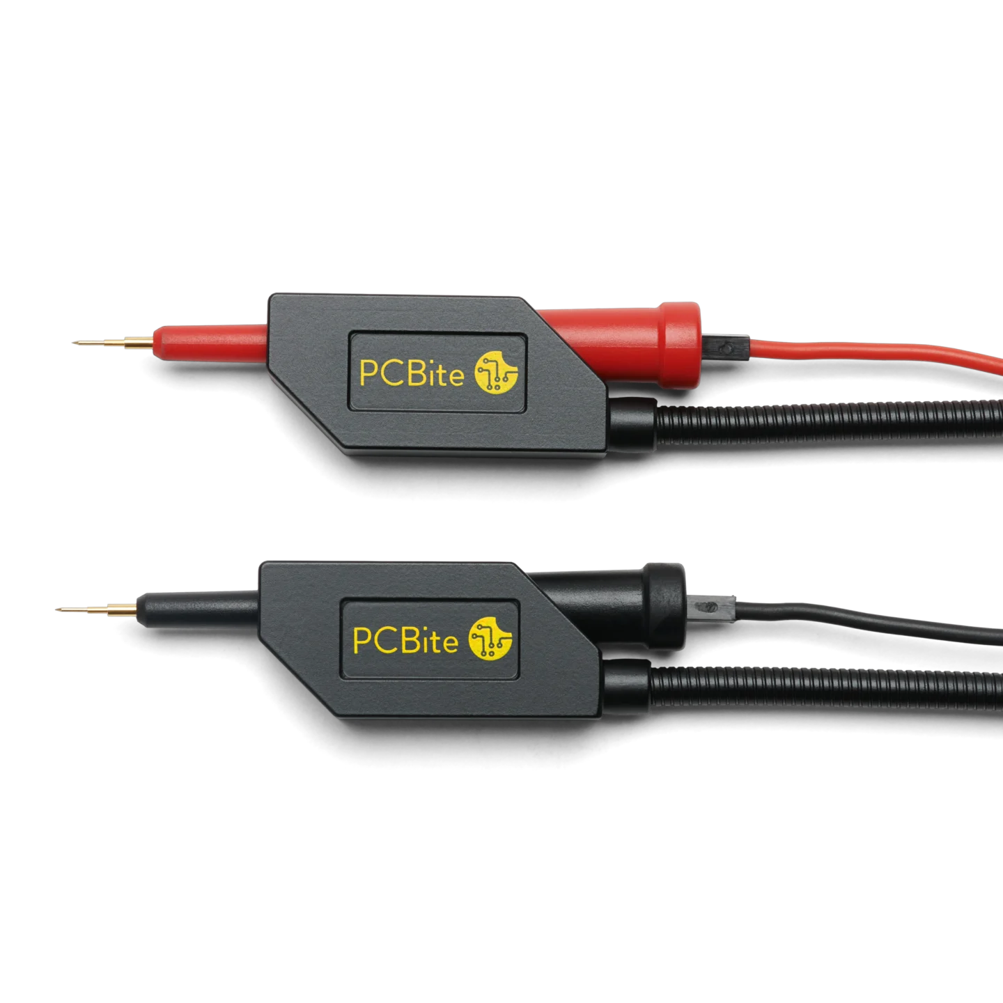 Red and black SQ10 probes mounted in the SQ probe holders with test wire connected (PCBITE-6011)