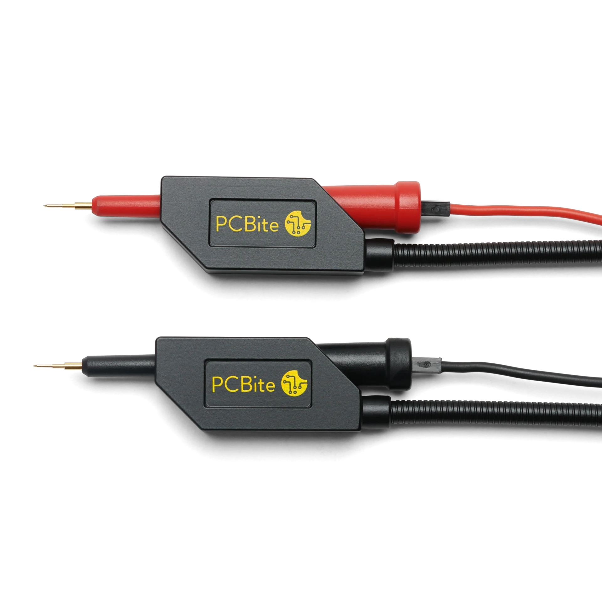 Red and black SQ10 probes mounted in the SQ probe holders with test wire connected (PCBITE-6011)