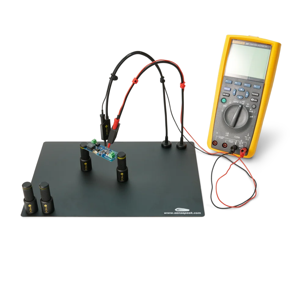 Complete test setup with two handsfree SQ10 probes connected to a multimeter (PCBITE-6012)