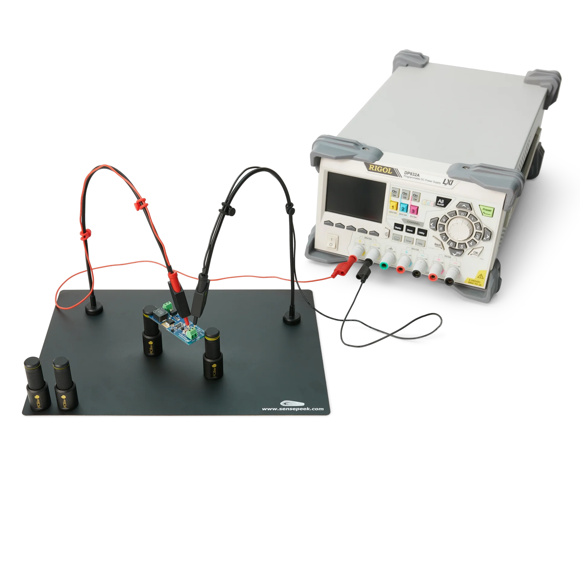 Complete test setup with two handsfree SQ10 probes connected to a power supply (PCBITE-6012)