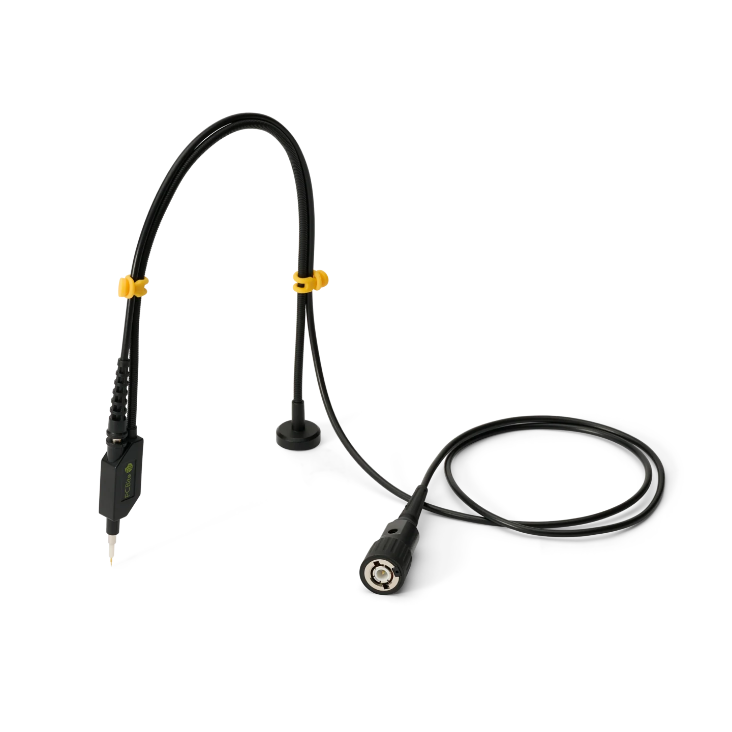 Single handsfree SQ100 100 MHz probe with yellow color-coded cable holders and BNC connector (PCBITE-6013)