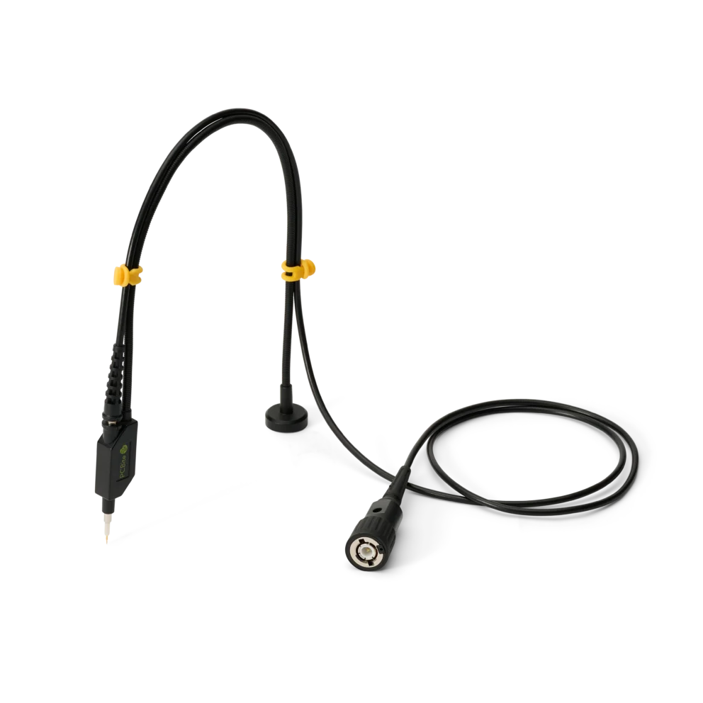 Single handsfree SQ100 100 MHz probe with yellow color-coded cable holders and BNC connector (PCBITE-6013)
