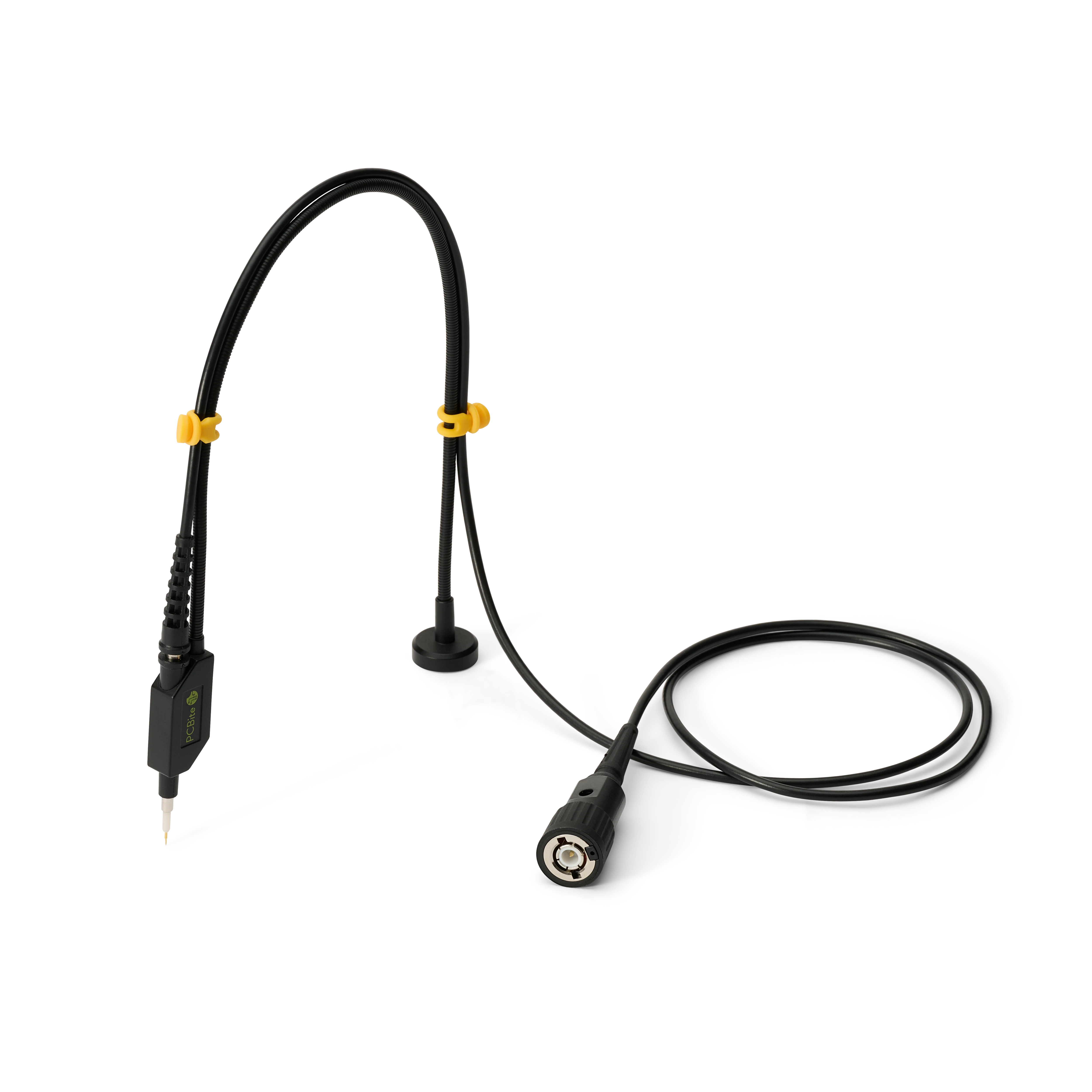 Single handsfree SQ100 100 MHz probe with yellow color-coded cable holders and BNC connector (PCBITE-6013)