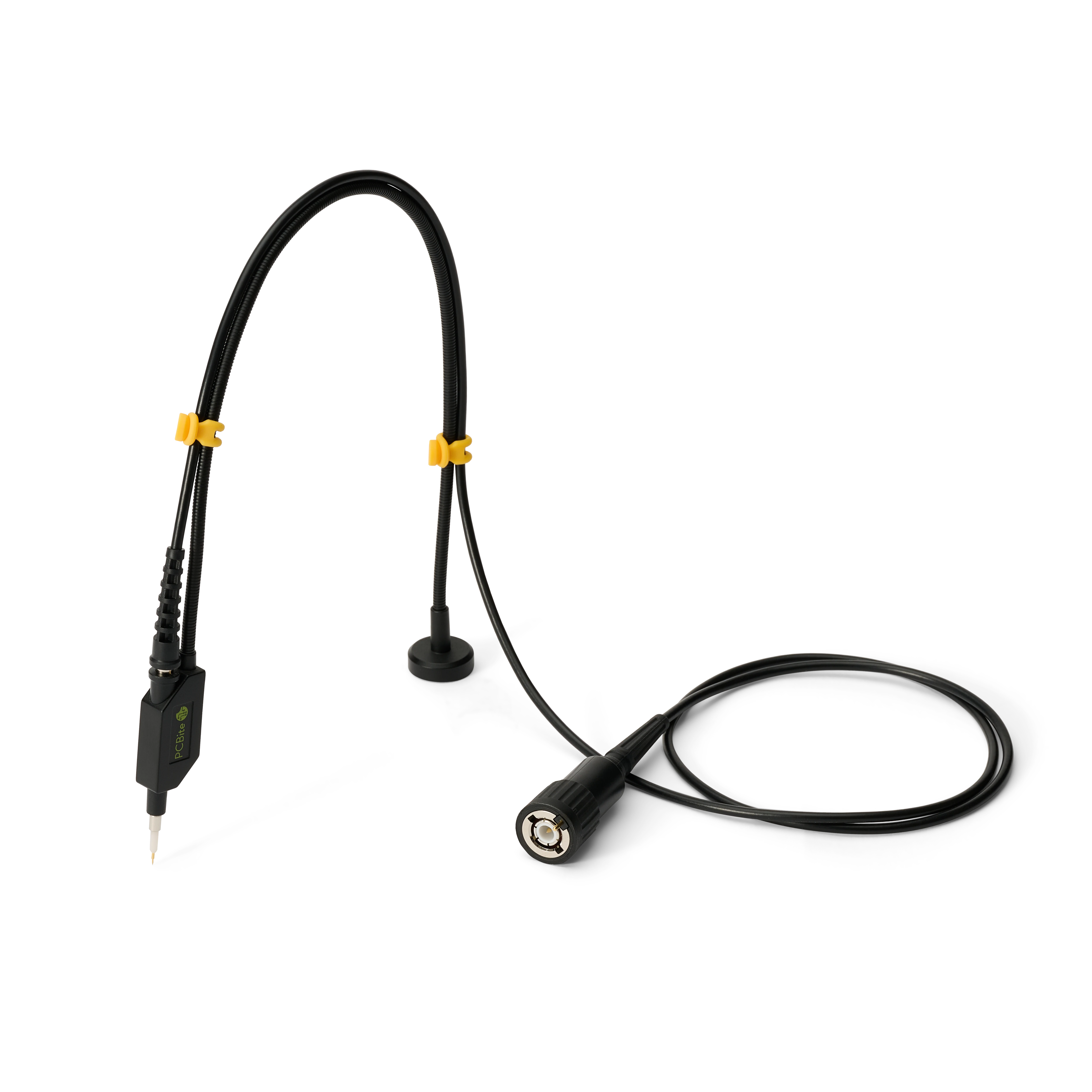 Single handsfree SQ200 200 MHz probe with yellow color-coded cable holders and BNC connector with x10 identifier (PCBITE-6014)