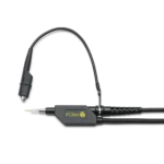 SQ200 200 MHz Oscilloscope probe mounted in probe holder with insulated alligator clip connected to 5mm ground interface (PCBITE-6016)