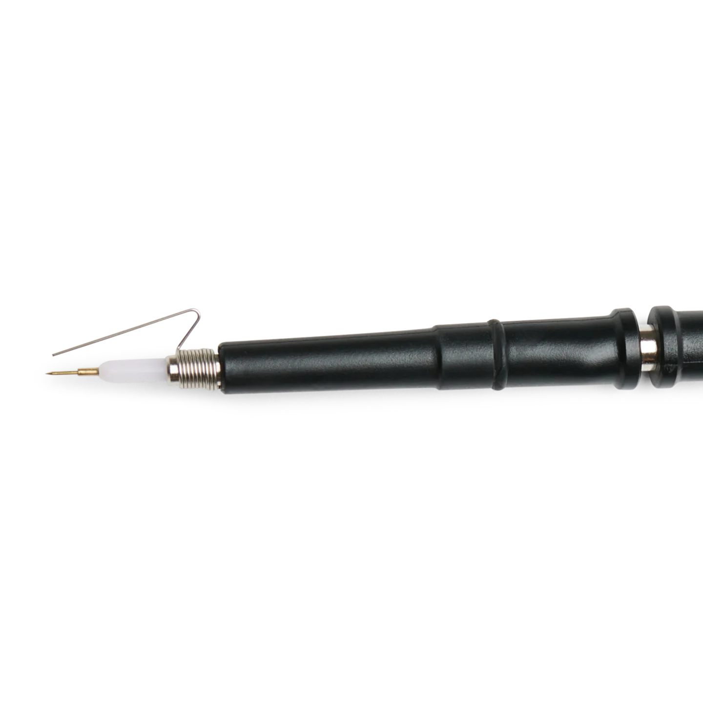 Closeup of SQ200 200 MHz oscilloscope probe front showing a mounted ground spring for handheld oscilloscope probe measurements (PCBITE-6016)