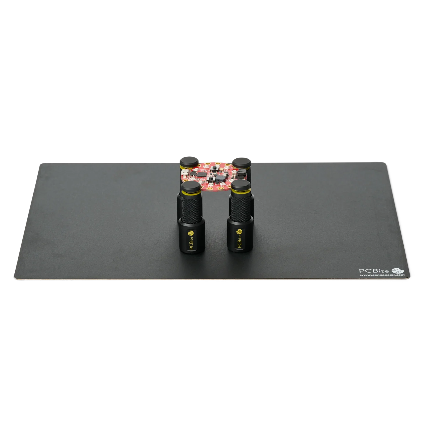 SQ200 200 MHz, Set of four magnetic spring-loaded PCB holders on a large insulated baseplate holding a PCB (PCBITE-6016)