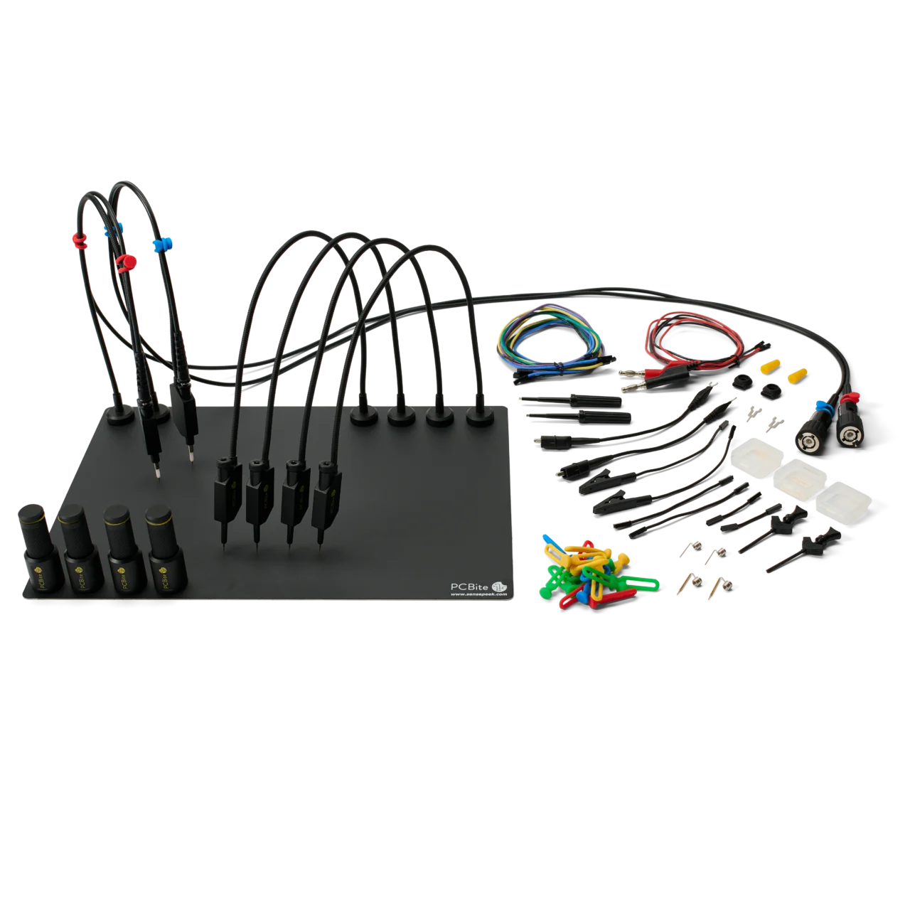 Complete hands-free probing system with 2x oscilloscope probes, 4x SQ10 probes and magnetic PCB holders (PCBITE-6019)