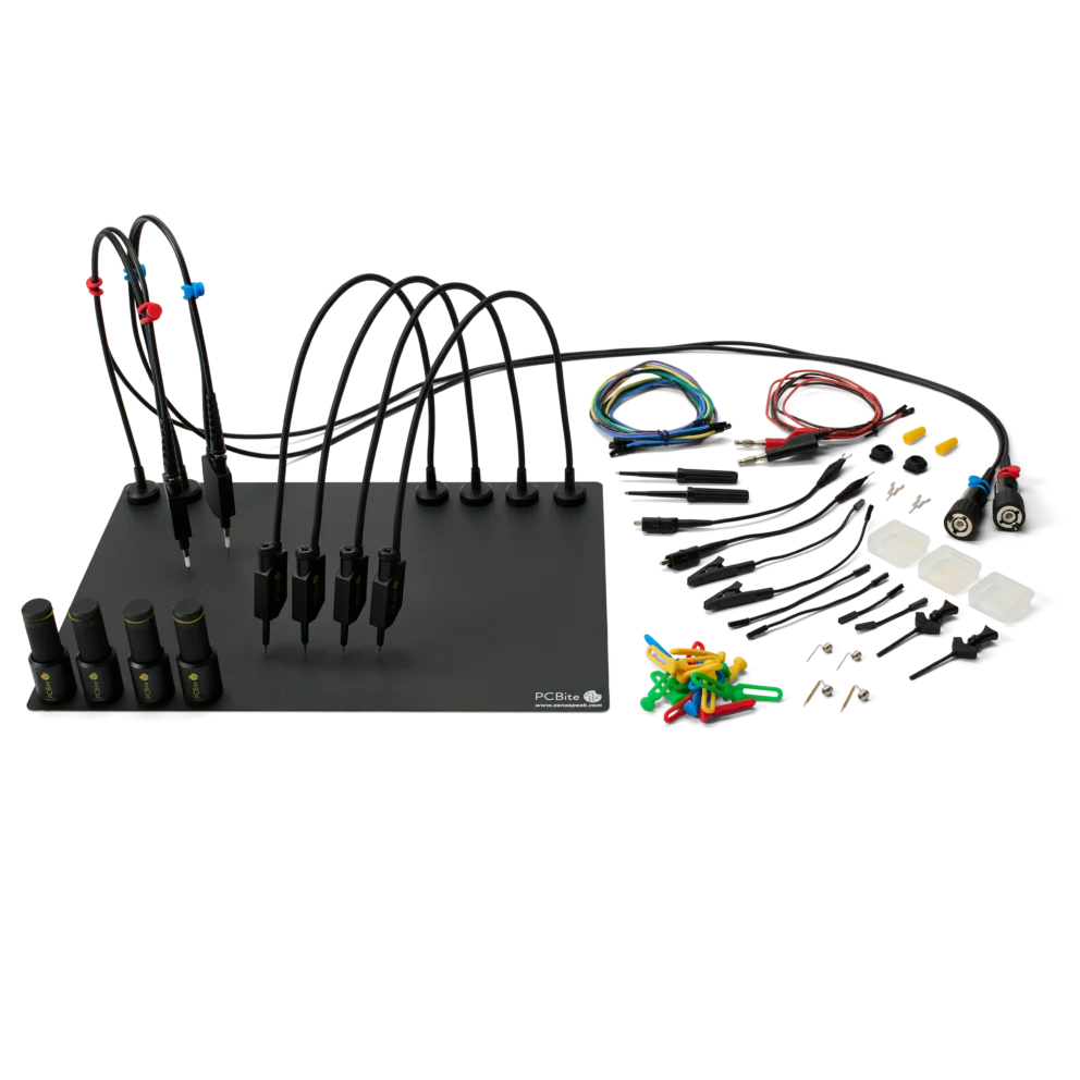Complete hands-free probing system with 2x oscilloscope probes, 4x SQ10 probes and magnetic PCB holders (PCBITE-6019)
