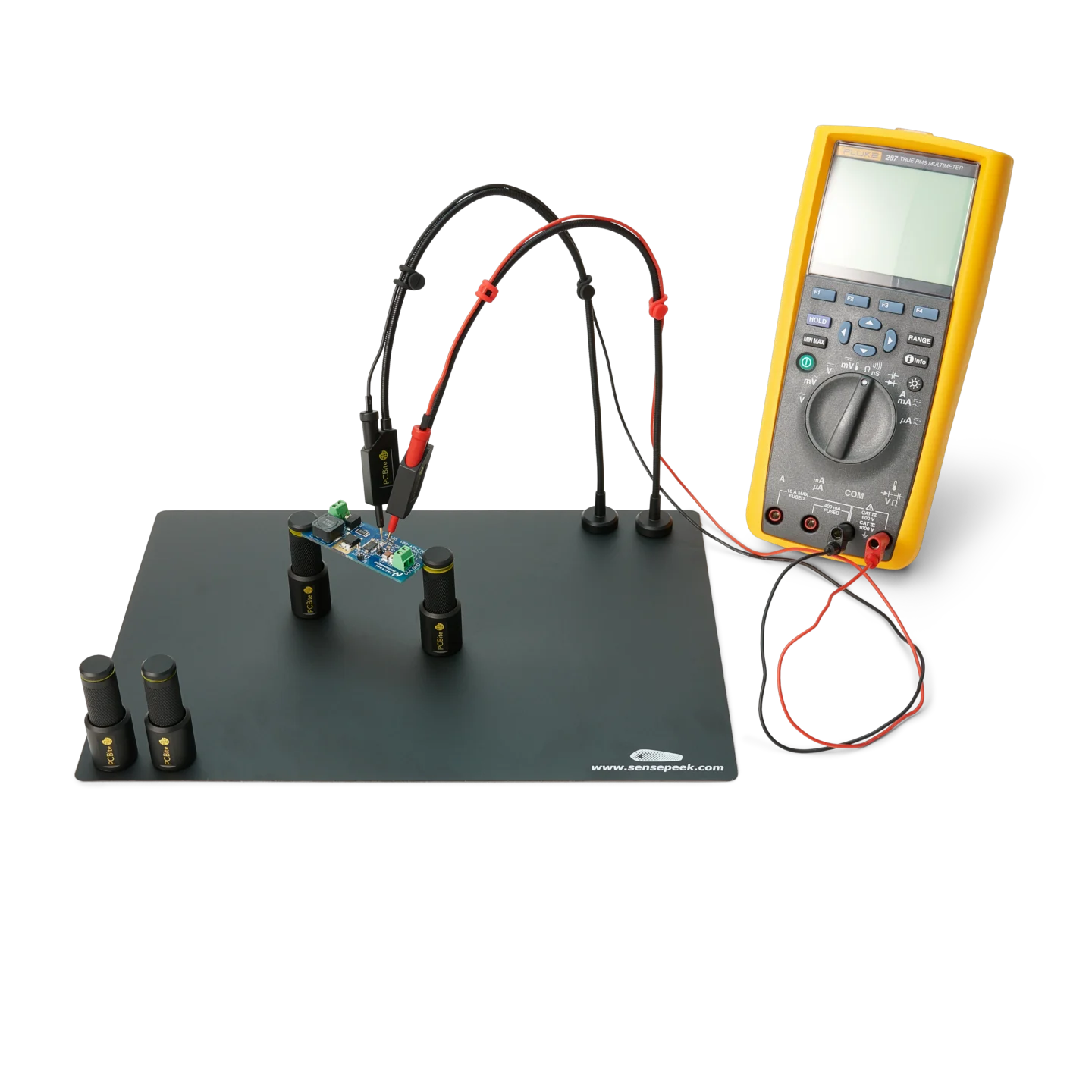 Complete test setup with two handsfree SQ10 probes connected to a multimeter (PCBITE-6019)