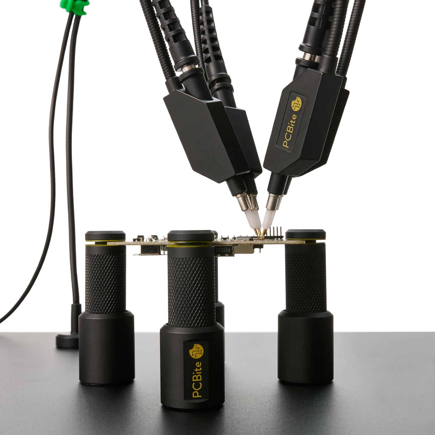 Complete PCB under test with PCBite holders and four handsfree SQ350 350MHz oscilloscope probes testing signals (PCBITE-6023)